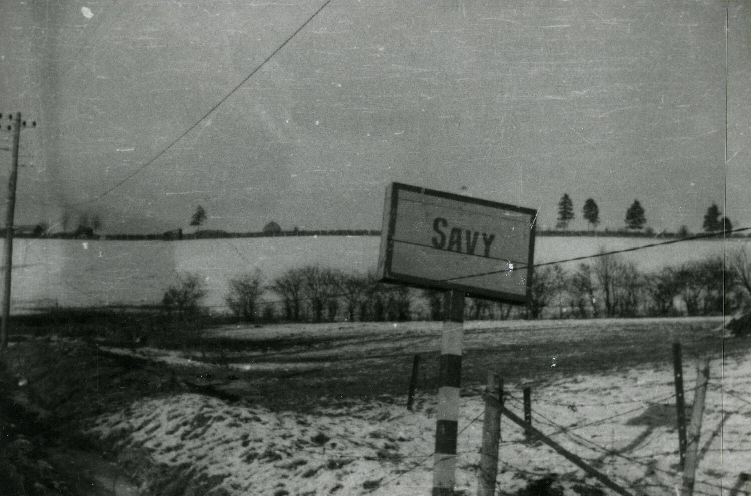 Road Sign for the Village of Savy, Belgium, Winter Battle of the Bulge Landscape