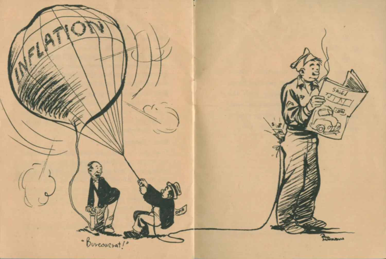 "Inflation" Balloon and Anchored Veteran-Consumer -- Closing Editorial Cartoon Spread, WWII Veteran Guide Booklet
