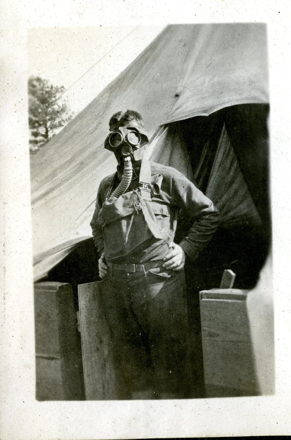 American Soldier Demonstrating Gas Mask at Training Camp, World War I