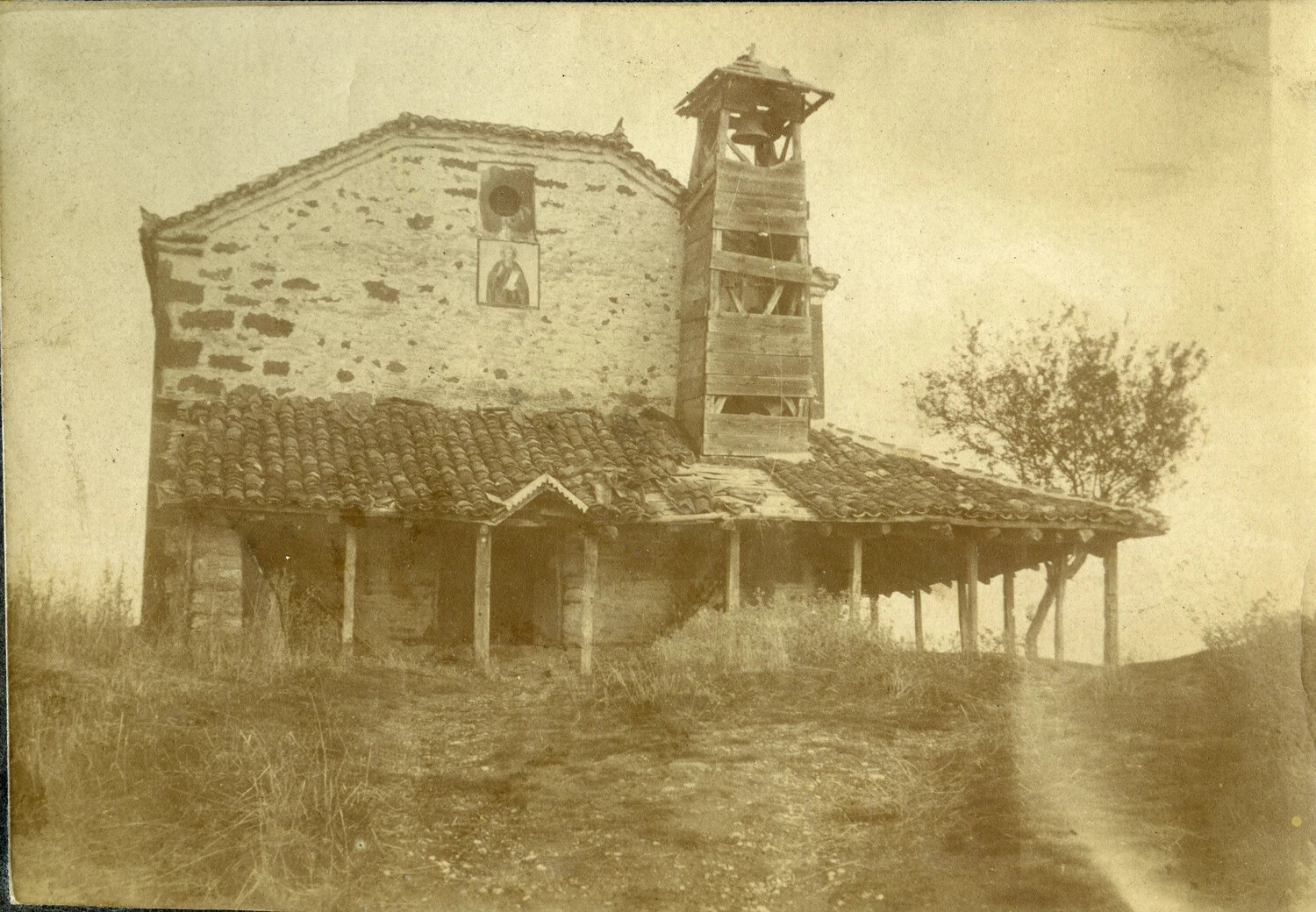 Rural Chapel with Storm-Damaged Bell Tower, WWI French Pilot's Photo Album