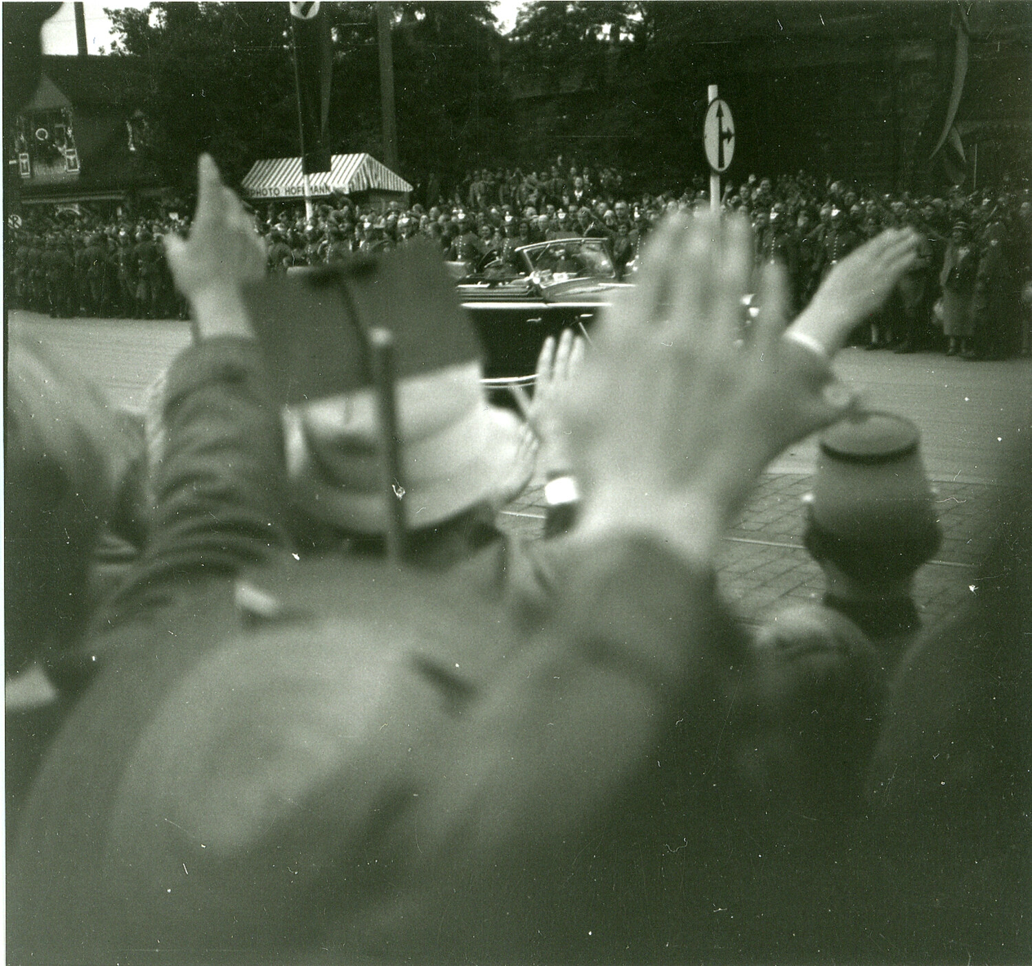 Crowd Giving Nazi Salute as Motorcade Passes, Nuremberg Rally, Germany, 1930s