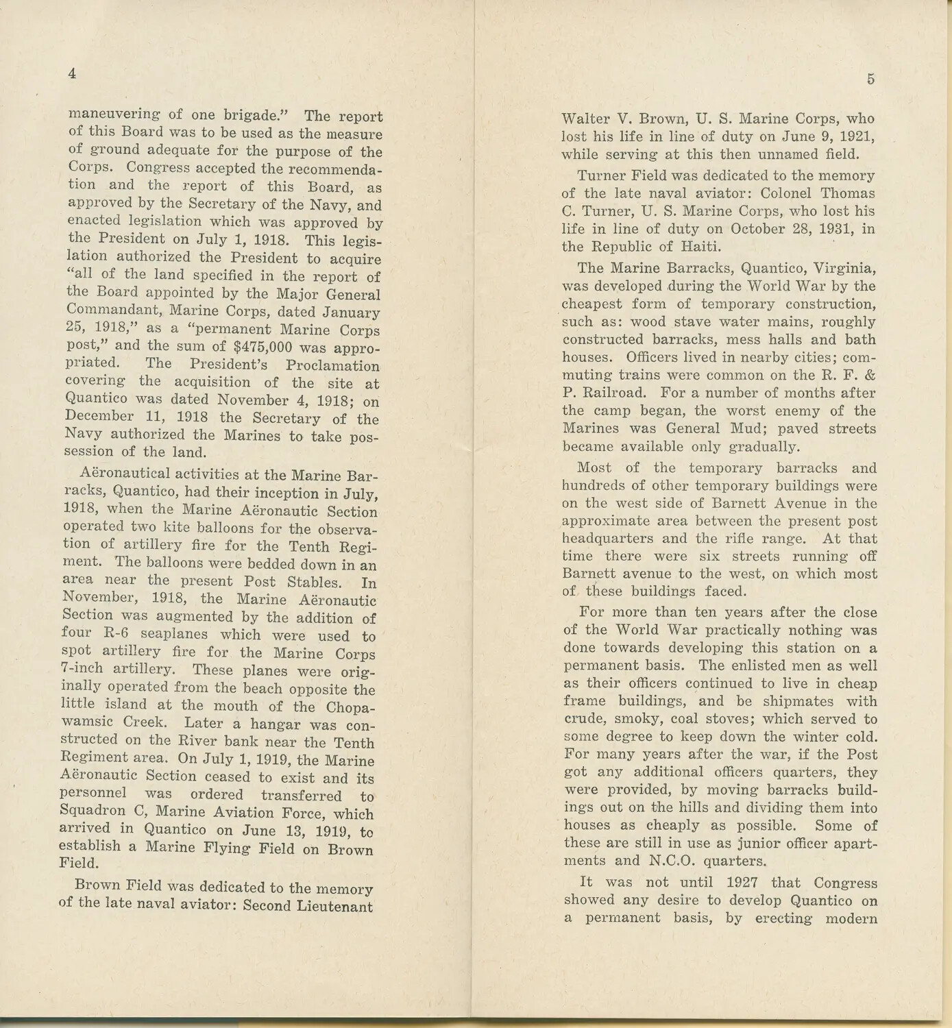 Printed History of Marine Corps Base Quantico, Pages 4-5 (Founding, Aviation Origins, and Early Development)