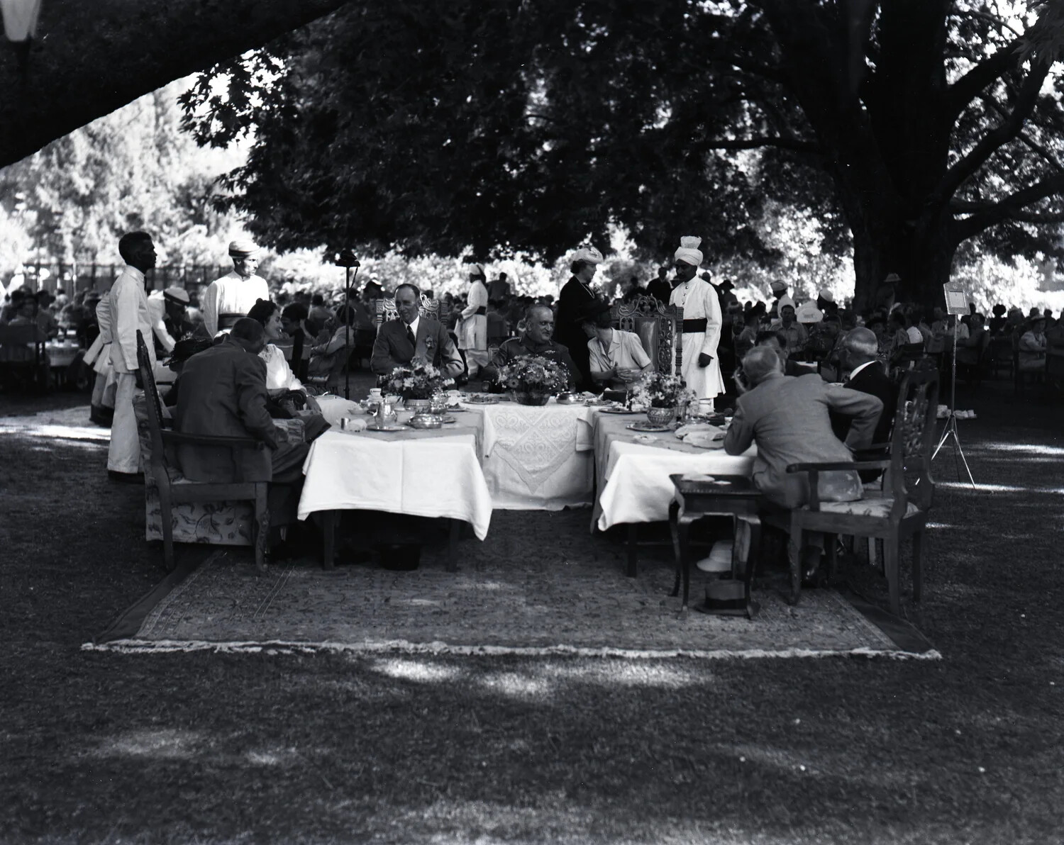 Outdoor Garden Party Under Shade Trees, Kashmir, WWII Era