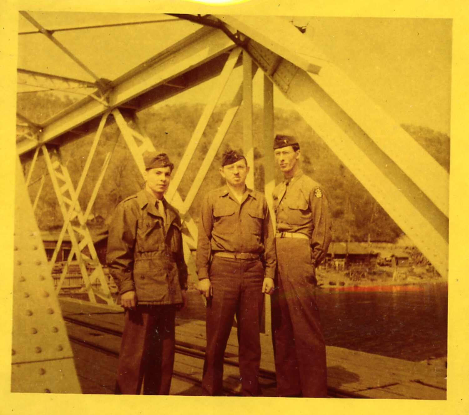 Three U.S. Army Servicemen on Steel Truss Bridge, Rural Japan, Occupation Era