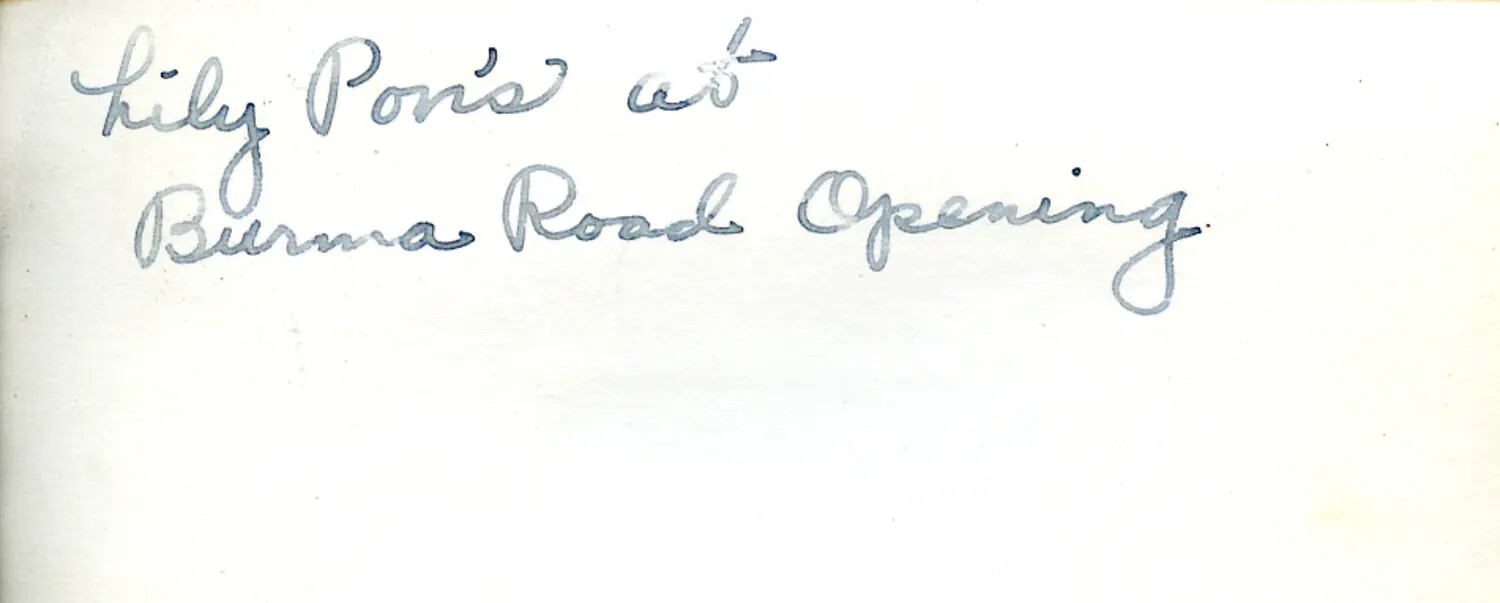 Handwritten Album Caption: 'Lily Pons at Burma Road Opening,' CBI Theater, WWII