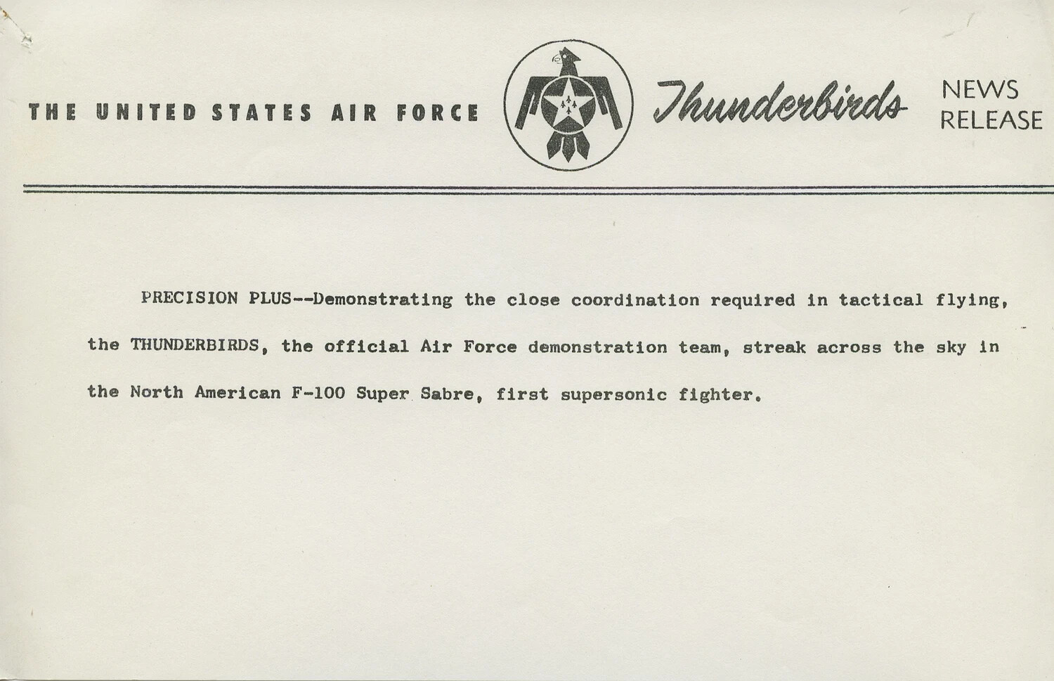 USAF Thunderbirds Official News Release Caption Sheet - 'Precision Plus'