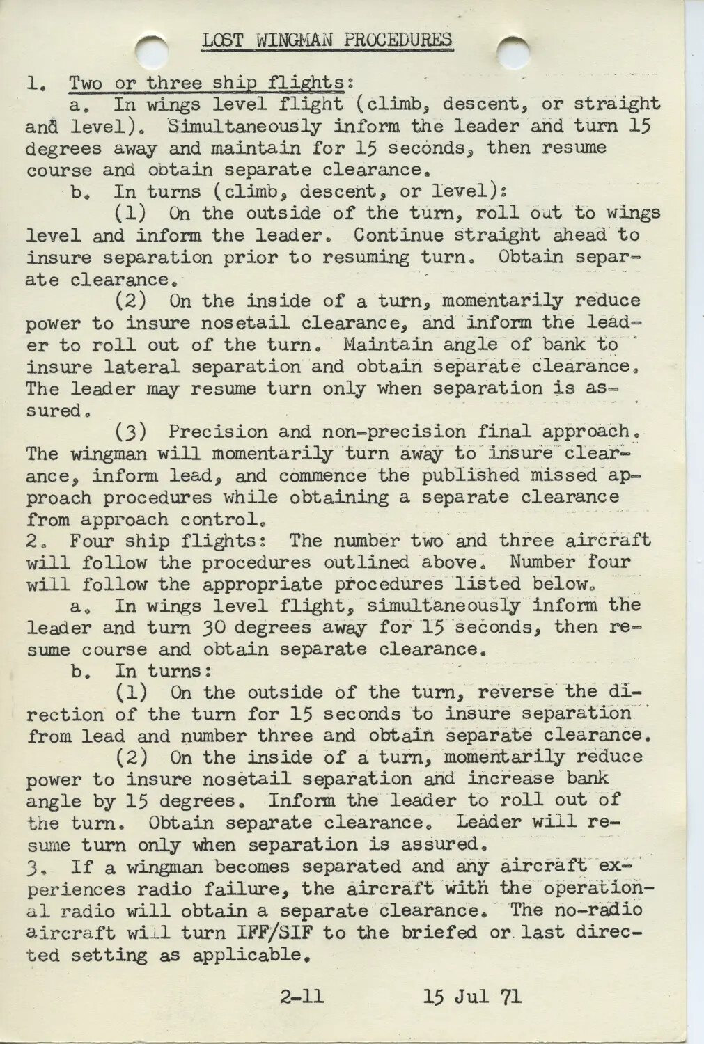 USAF Lost Wingman Procedures Reference Page, dated 15 Jul 71