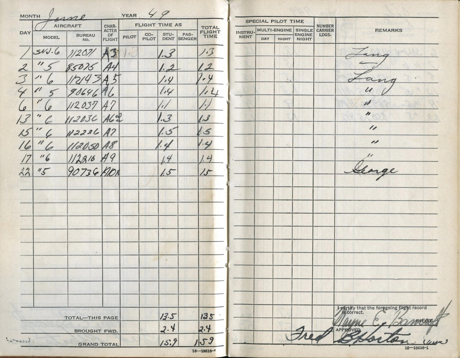 Lt. Wayne E. Bancroft Naval Aviator's Flight Logbook, June 1949 (SNJ Trainer Flights)