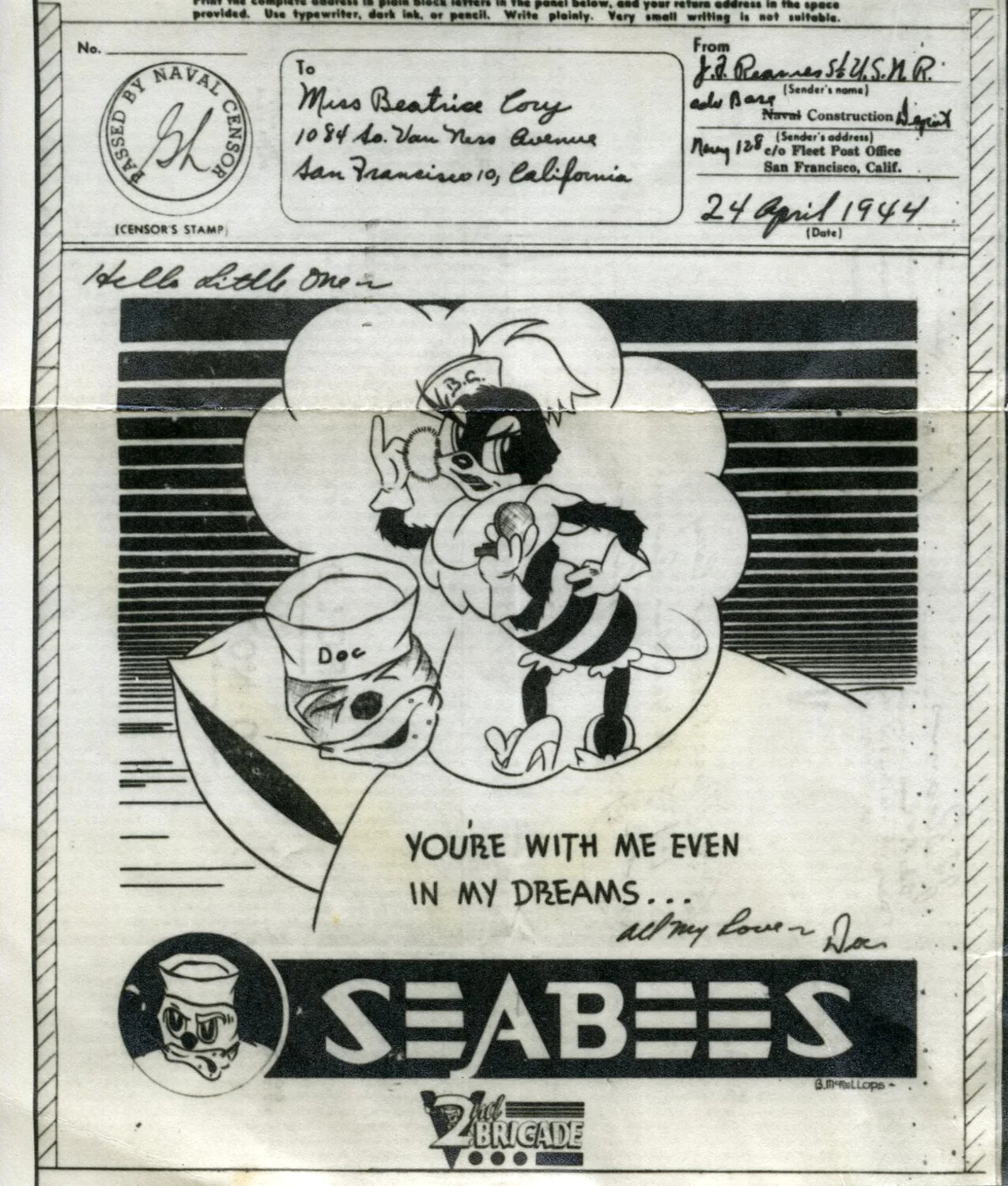 WWII Seabee V-Mail Cartoon Letter, 'You're With Me Even In My Dreams' -- 24 April 1944