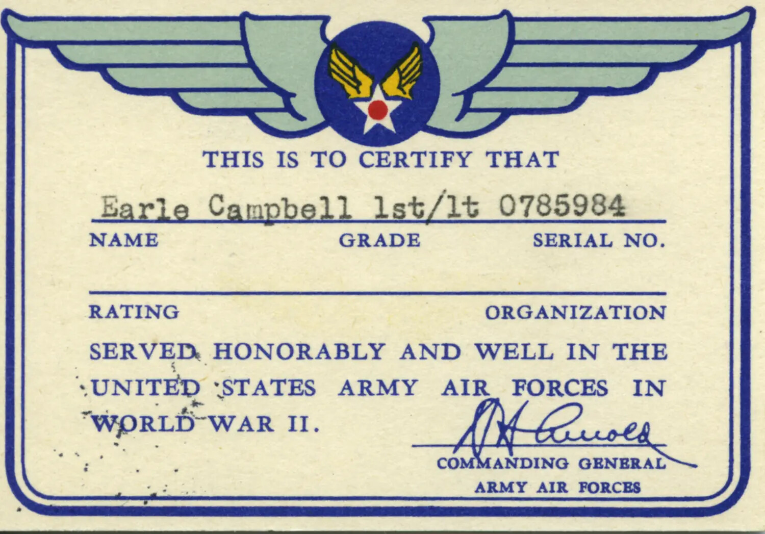 World War II U.S. Army Air Forces Service Certificate — 1st Lt. Earle Campbell