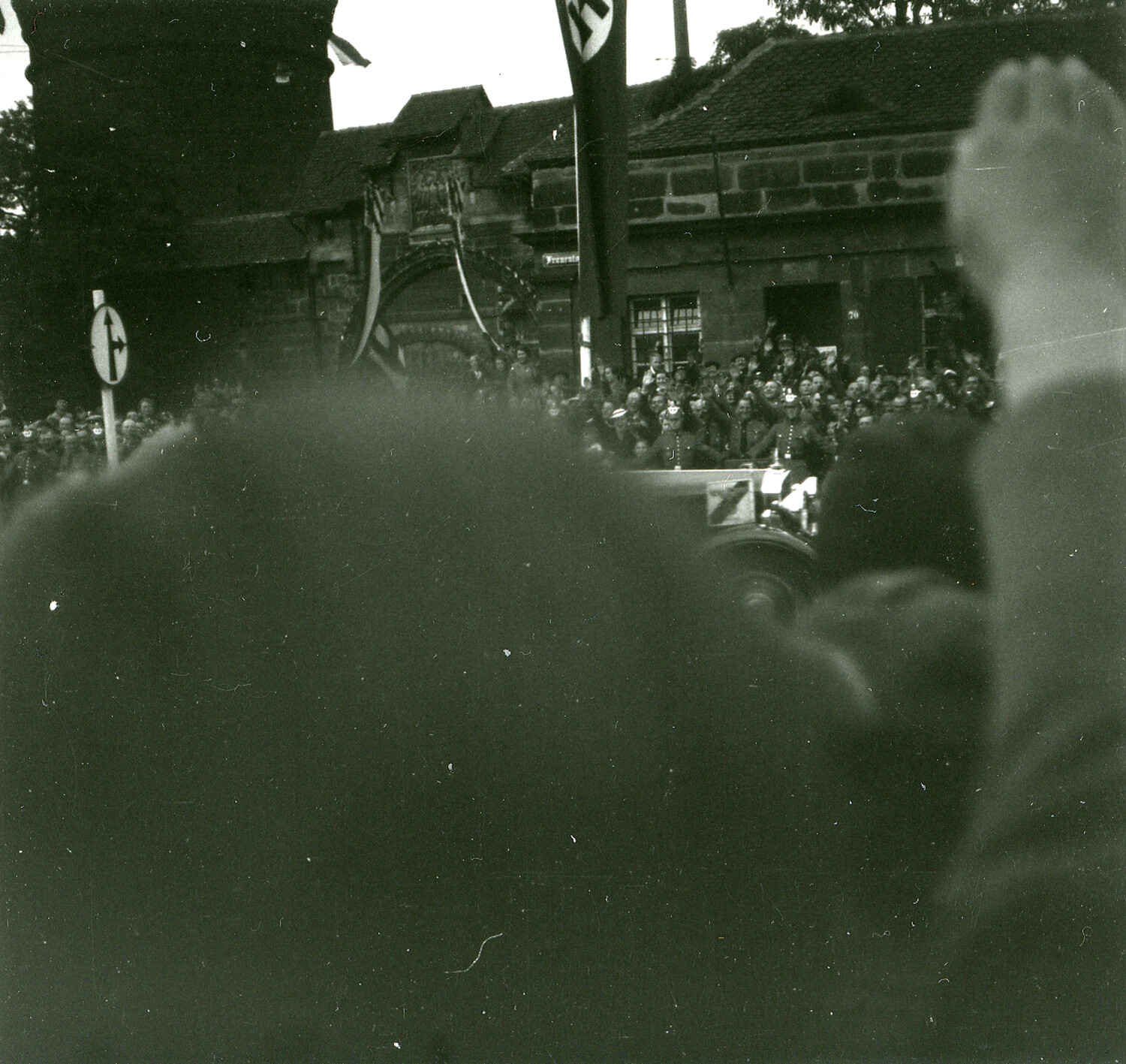 Crowd and Motorcade with Nazi Banner, Nuremberg, Germany - Prewar/Wartime Era