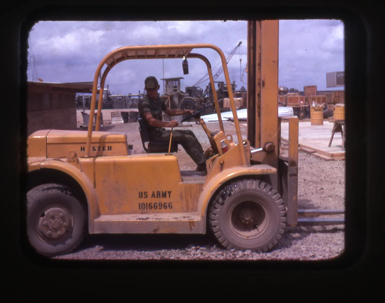 U.S. Army Soldier Operating Hyster Forklift at Supply Depot, Cam Ranh Bay, Vietnam War