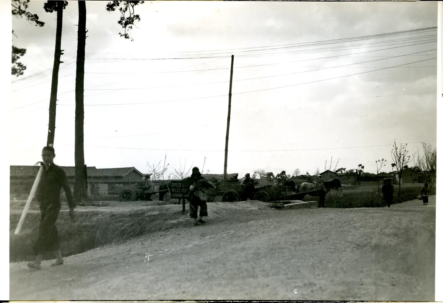 Rural Road Scene with Bilingual Speed Limit Sign, China-Burma-India Theater, WWII
