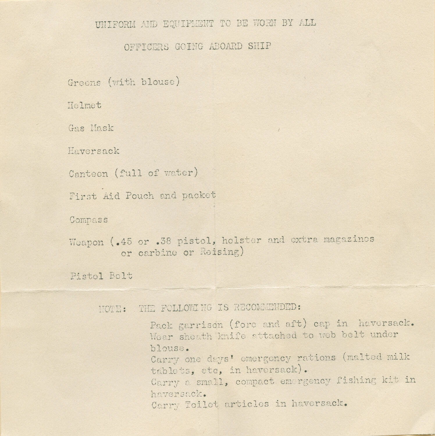 Typed Officer Embarkation Equipment List, "Uniform and Equipment to Be Worn by All Officers Going Aboard Ship"