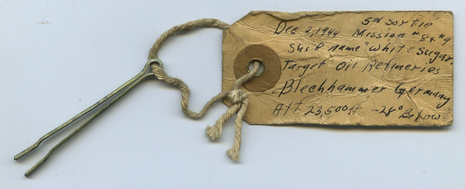 WWII Bomb Fuse Safety Pin with Handwritten Mission Tag – Blechhammer Oil Refinery Raid, December 2, 1944