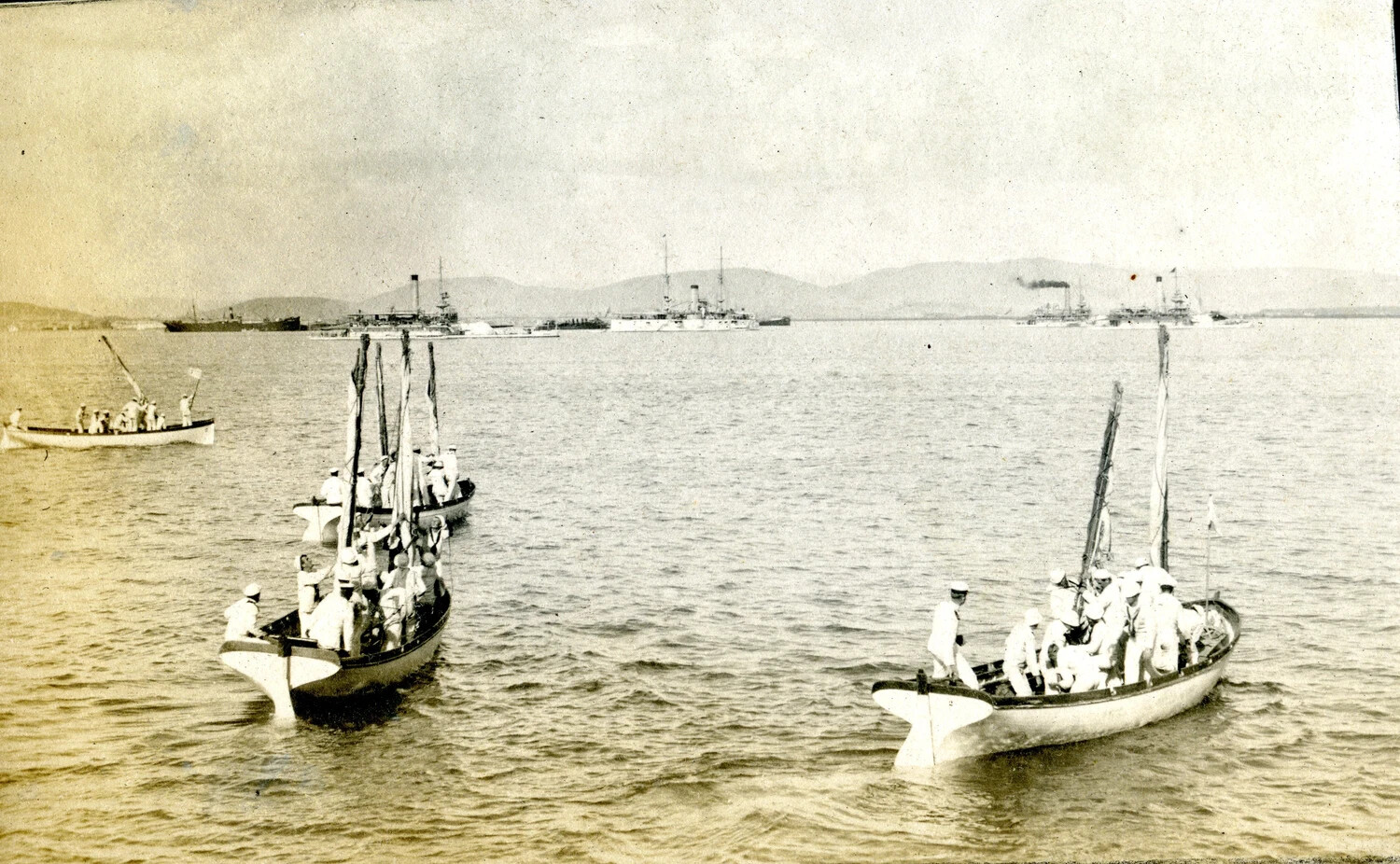 Ship's Boats and Anchored Fleet, Early 1900s Naval Album