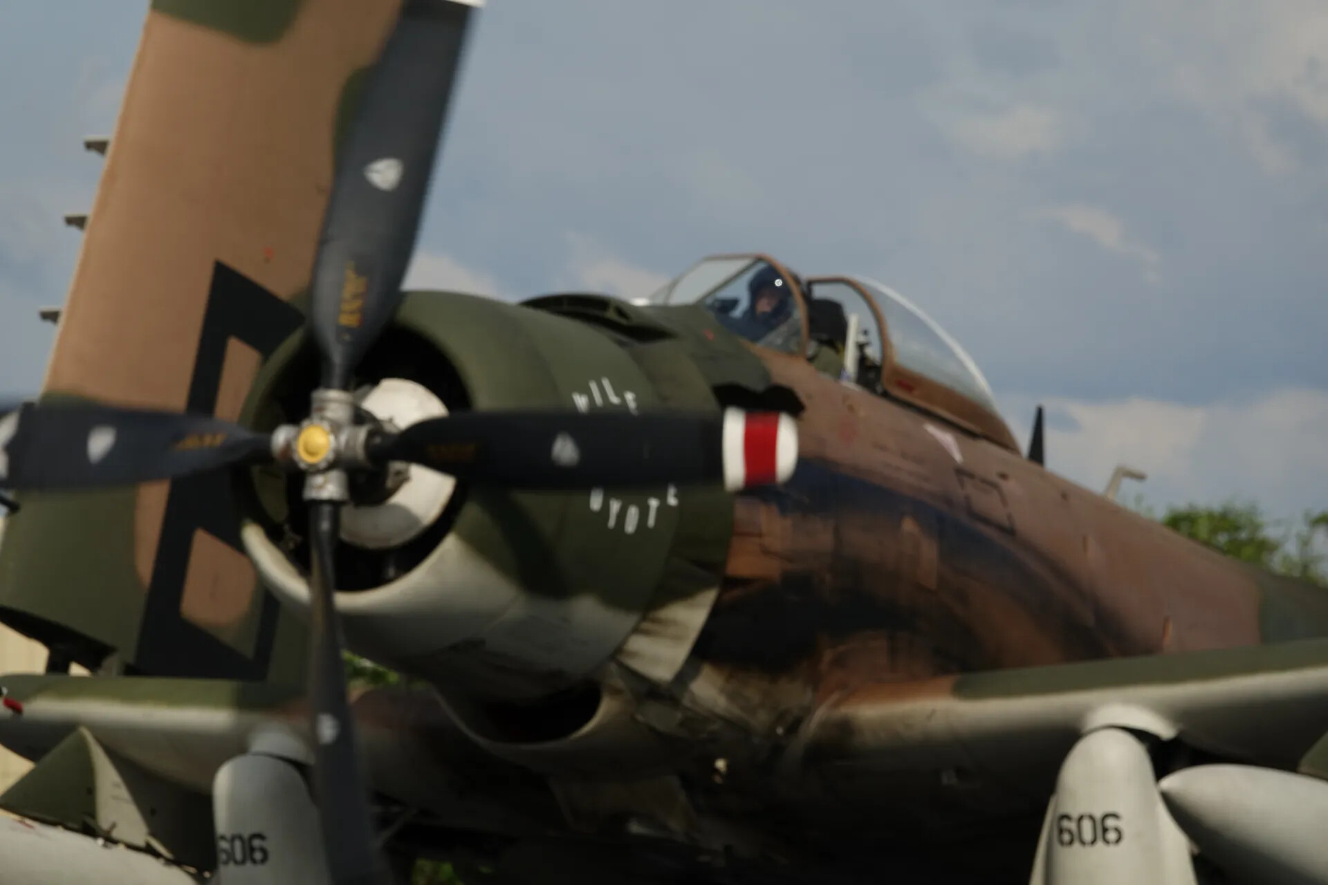 Close-Up of A-1 Skyraider Engine Cowling and Cockpit, 'Wiley Coyote' Nose Art, May 2019