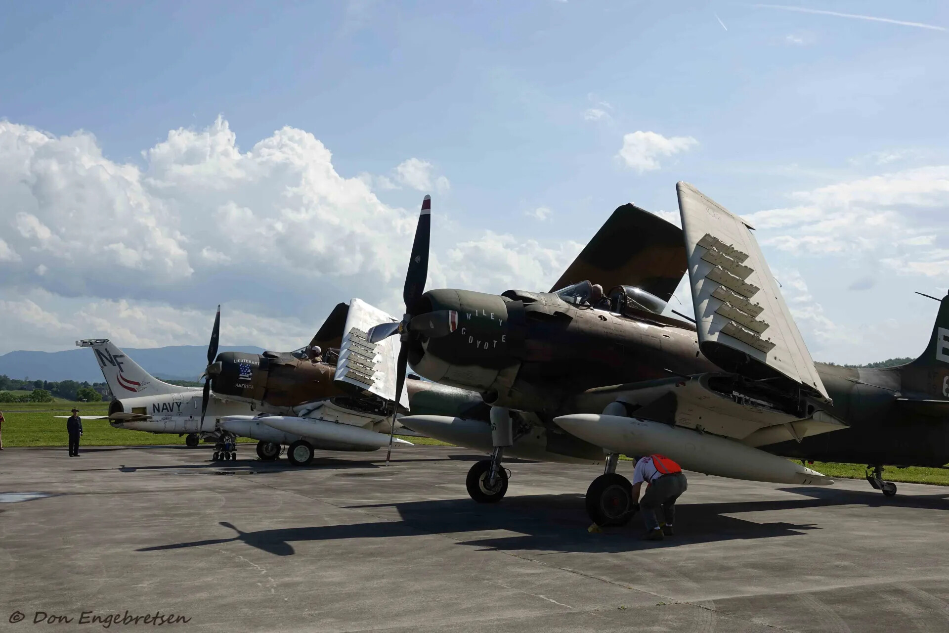 Lineup of Restored A-1 Skyraiders with Folded Wings at Airshow Ramp