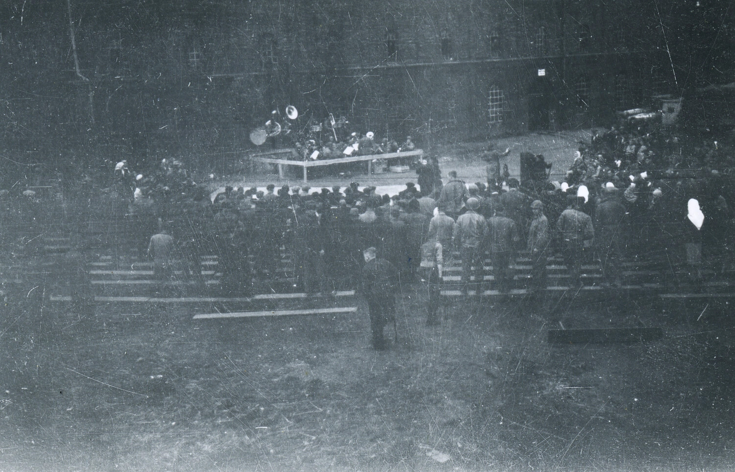 101st Airborne Division Soldiers Assembled for Band Performance, Barracks Courtyard, WWII