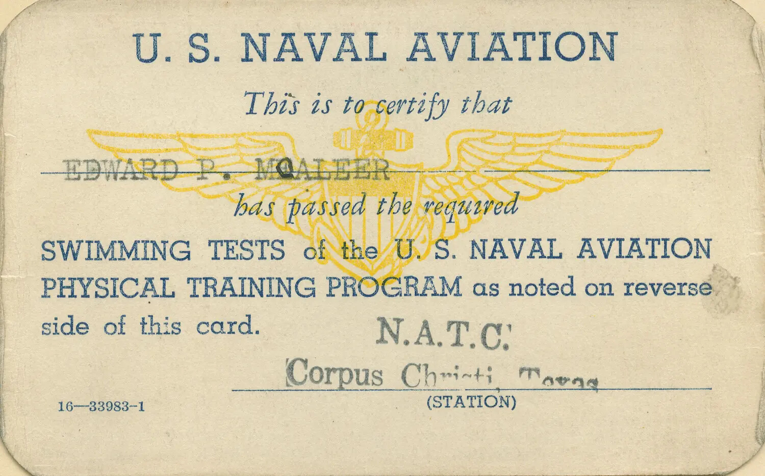 U.S. Naval Aviation Swimming Test Certification Card, Edward P. McAleer, NATC Corpus Christi, Texas