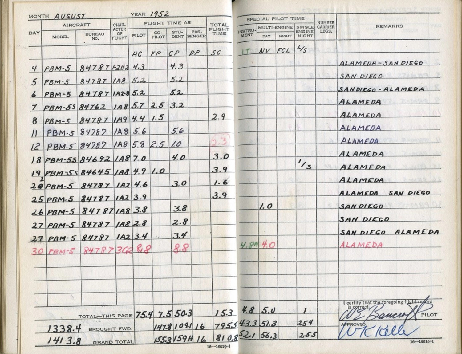 U.S. Navy Pilot Flight Logbook Page, PBM-5 Mariner Flights, August 1952