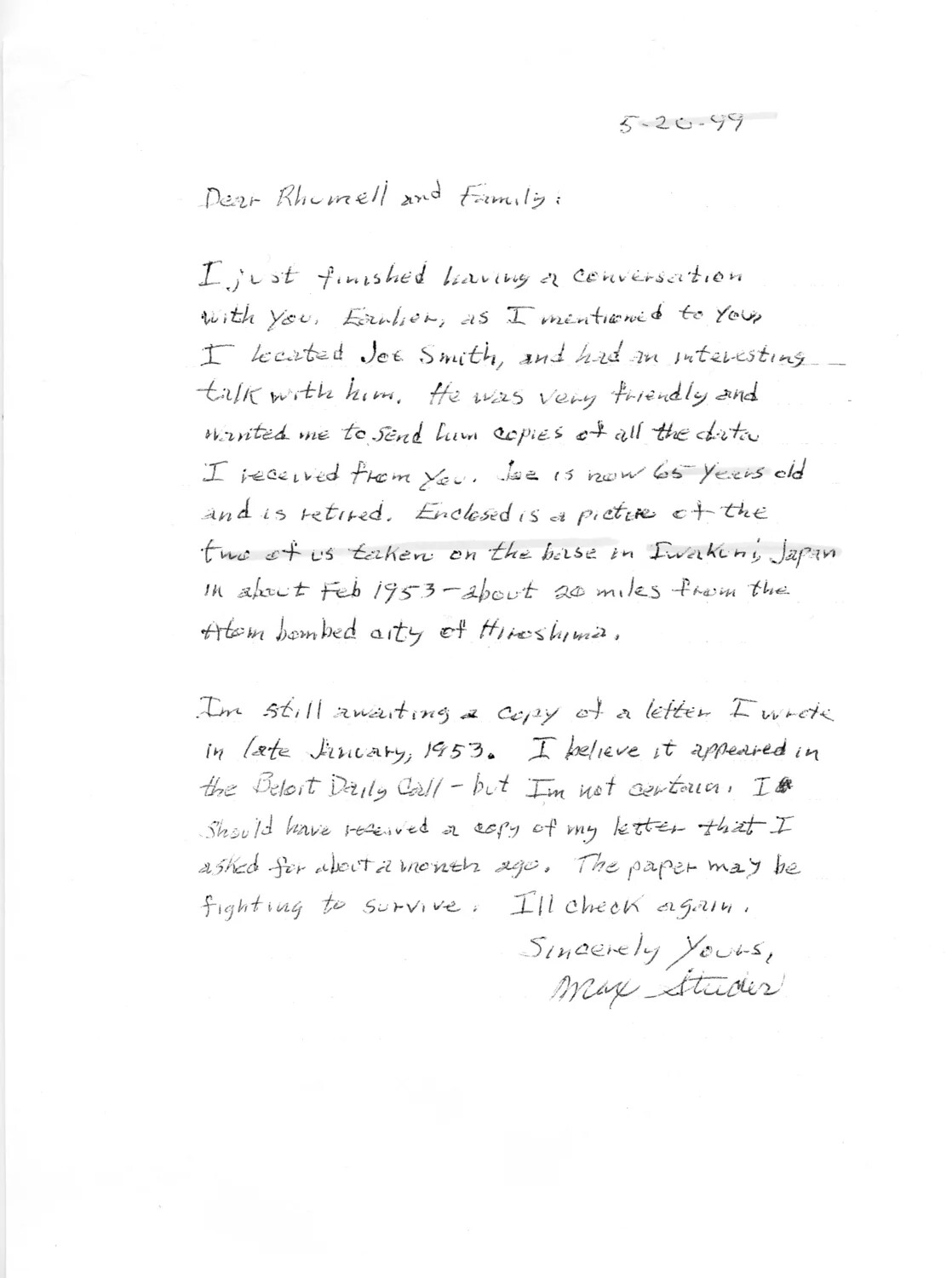 Letter from Max Studer Regarding Korean War Veteran Research, 1999