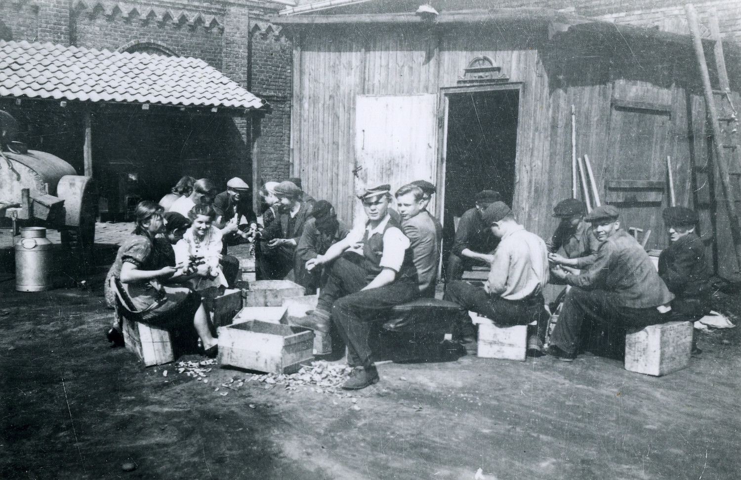 Local Youths Preparing Produce in a European Farmyard, WWII Era