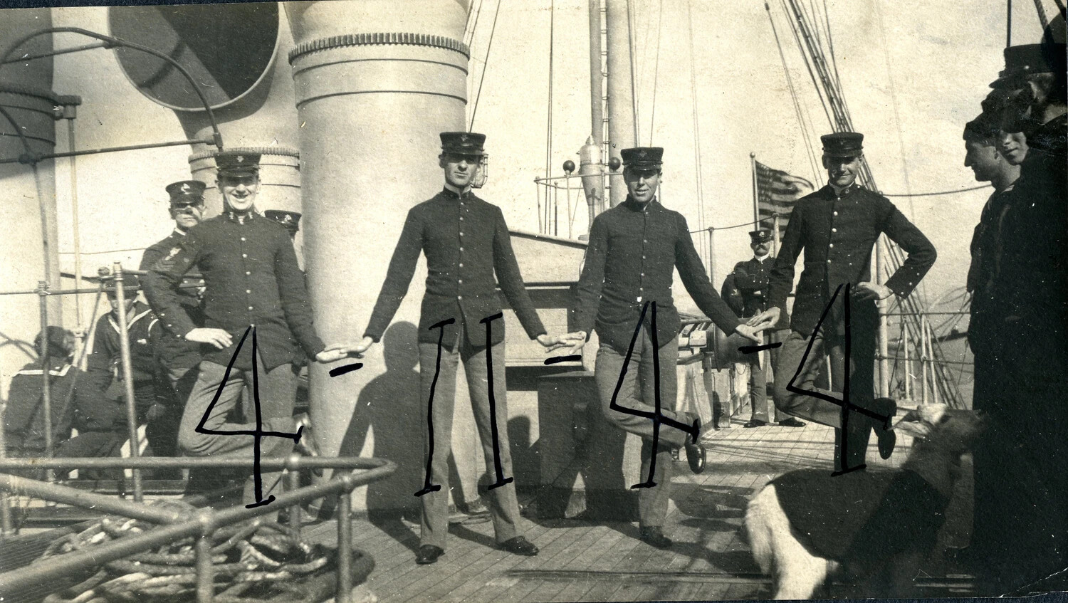 Sailors Dancing on Deck, USS Columbia, with Hand-Drawn Ink Annotations Tracing Leg Movement