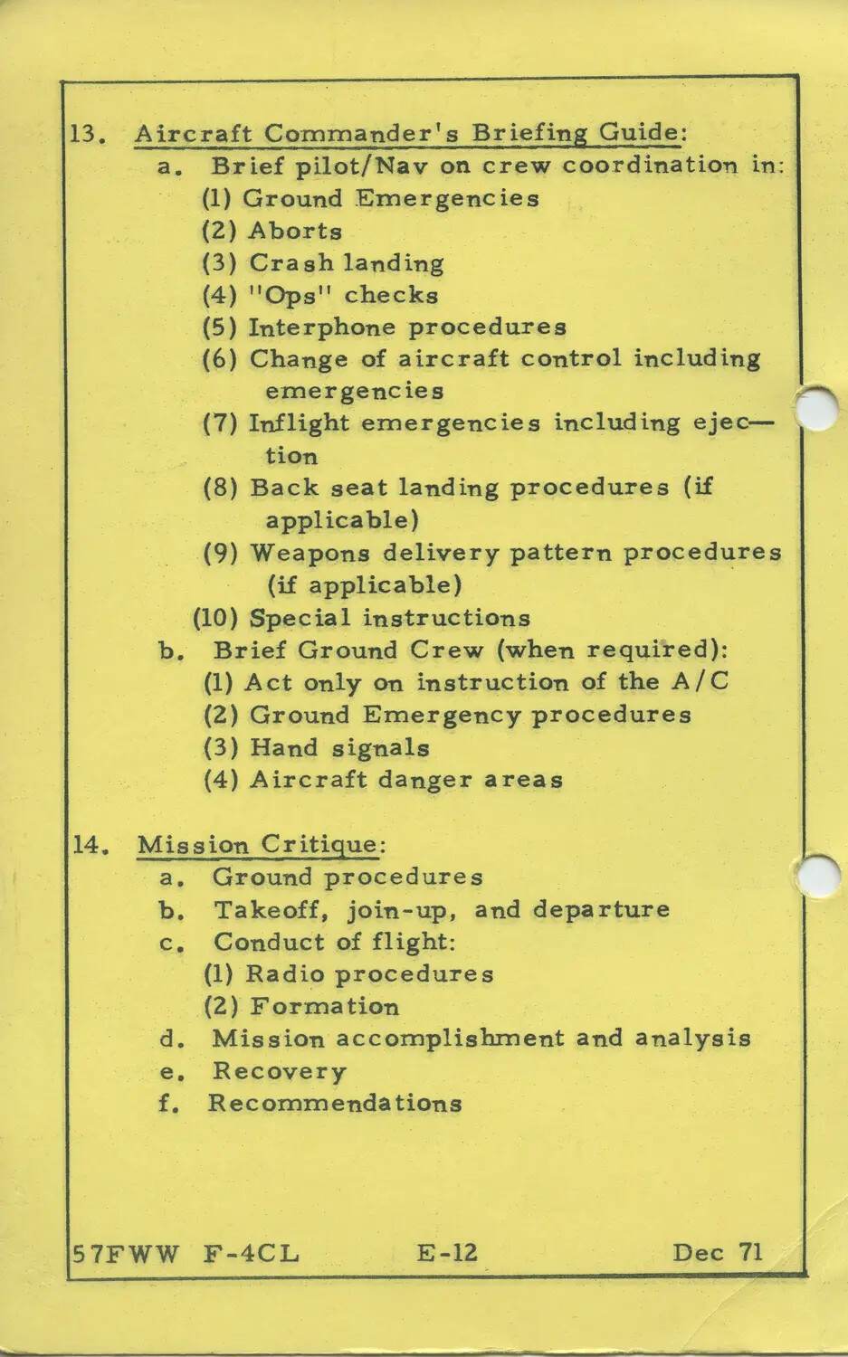 57th Fighter Weapons Wing F-4 Aircrew Training Manual Page, 'Aircraft Commander's Briefing Guide' and 'Mission Critique,' December 1971