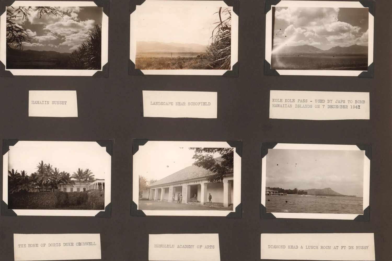 World War II-Era Photo Album Page - Hawaiian Scenes Including Kolekole Pass, Doris Duke Estate, and Diamond Head