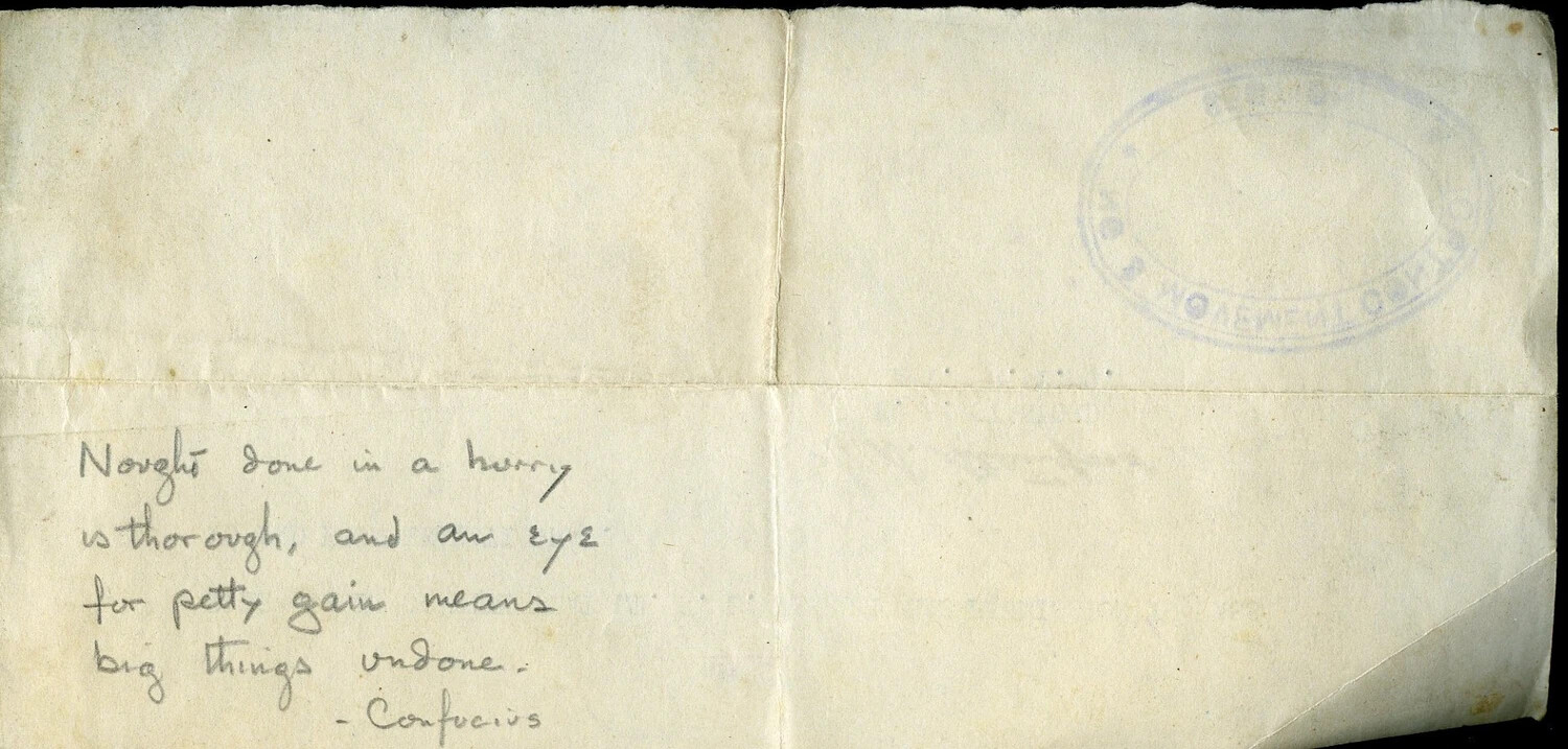 Reverse of Military Pass (Lt. R. L. Vekroff) – Handwritten Confucius Quotation