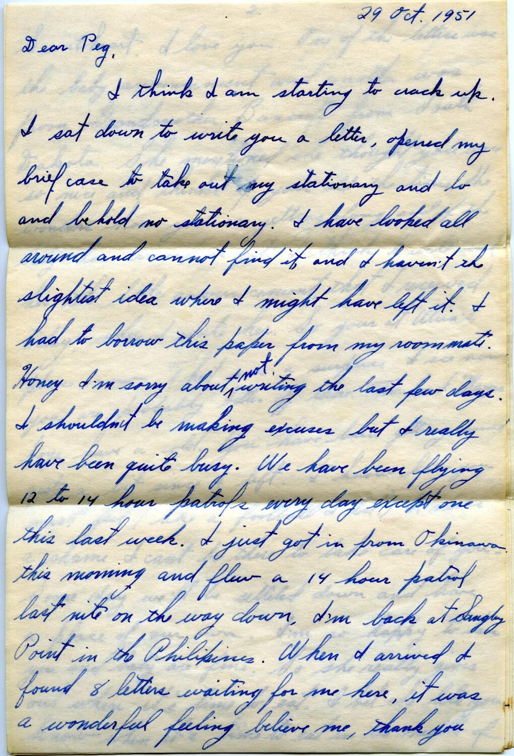 Handwritten Letter, Page 1 – Lt. Bancroft to "Peg," Sangley Point, Philippines, 29 October 1951