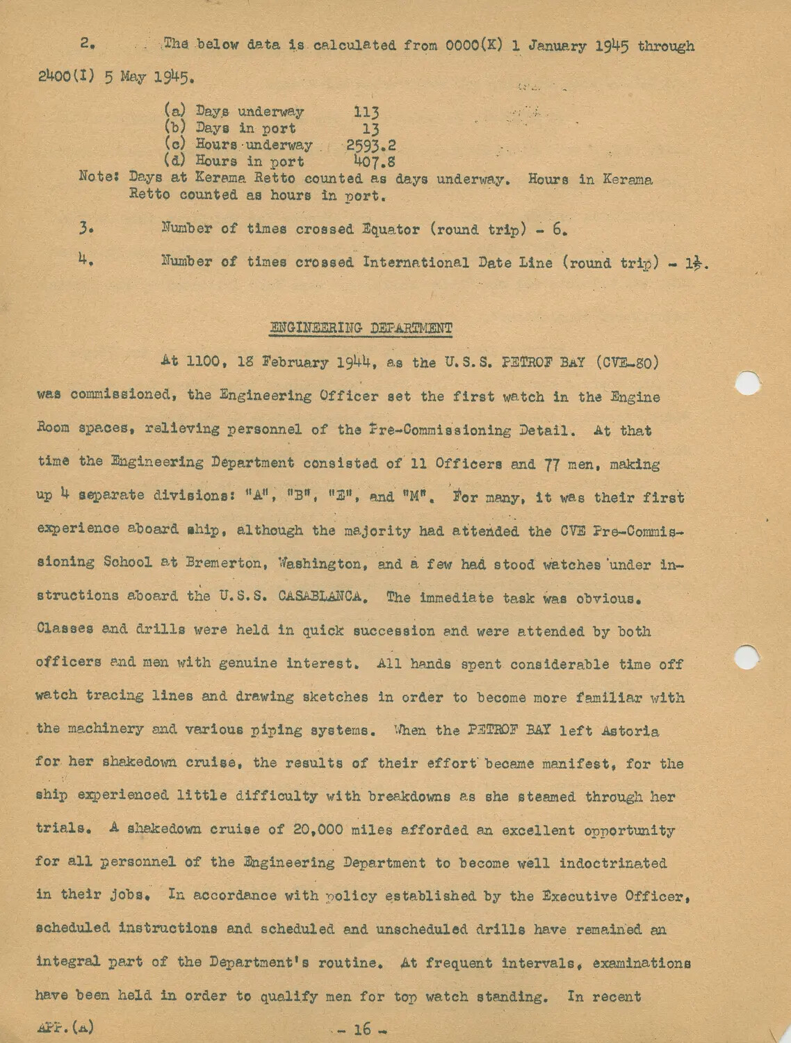 USS Petrof Bay (CVE-80) Ship's History – Engineering Department Report Page