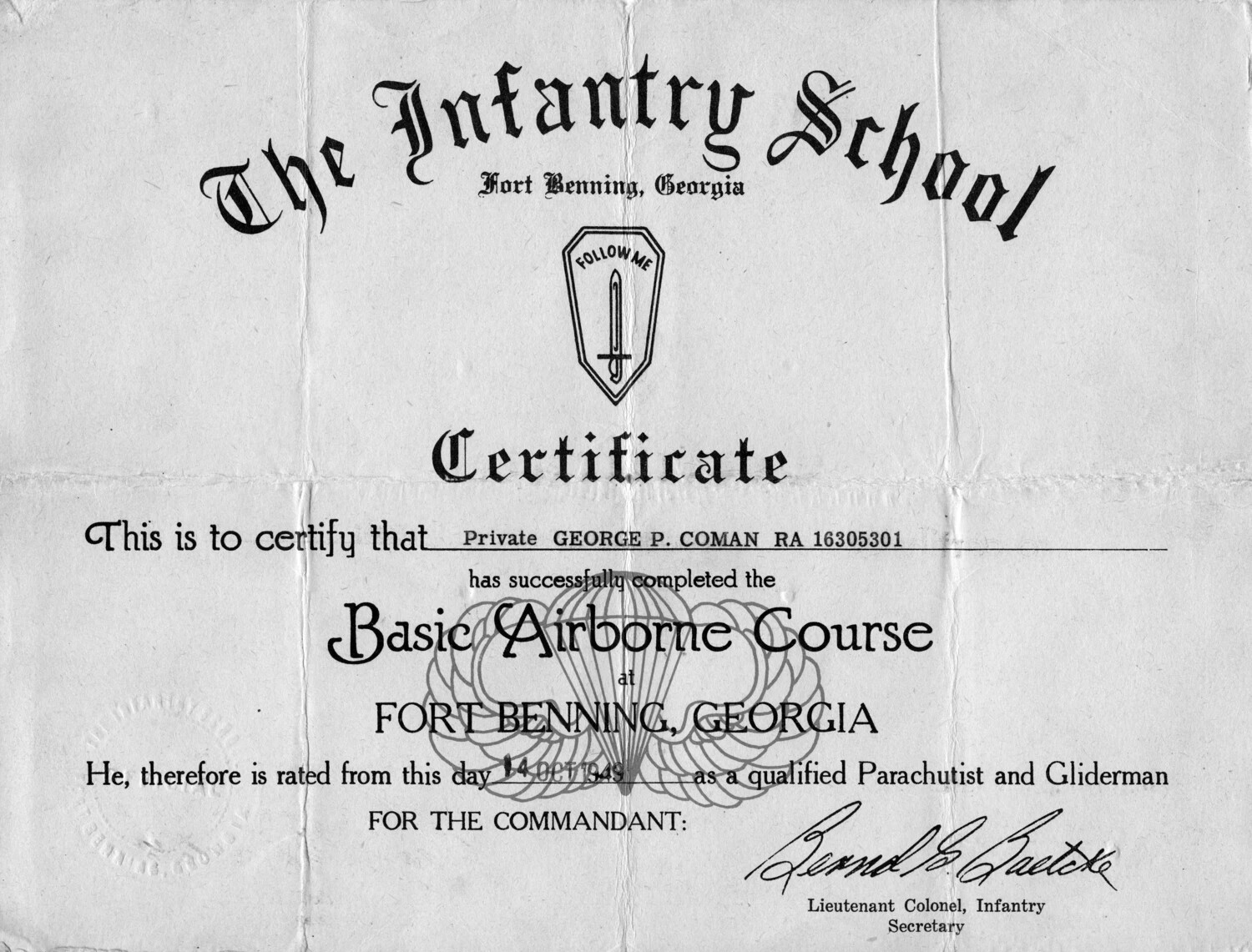 The Infantry School Basic Airborne Course Certificate, Private George P. Coman, Fort Benning, Georgia