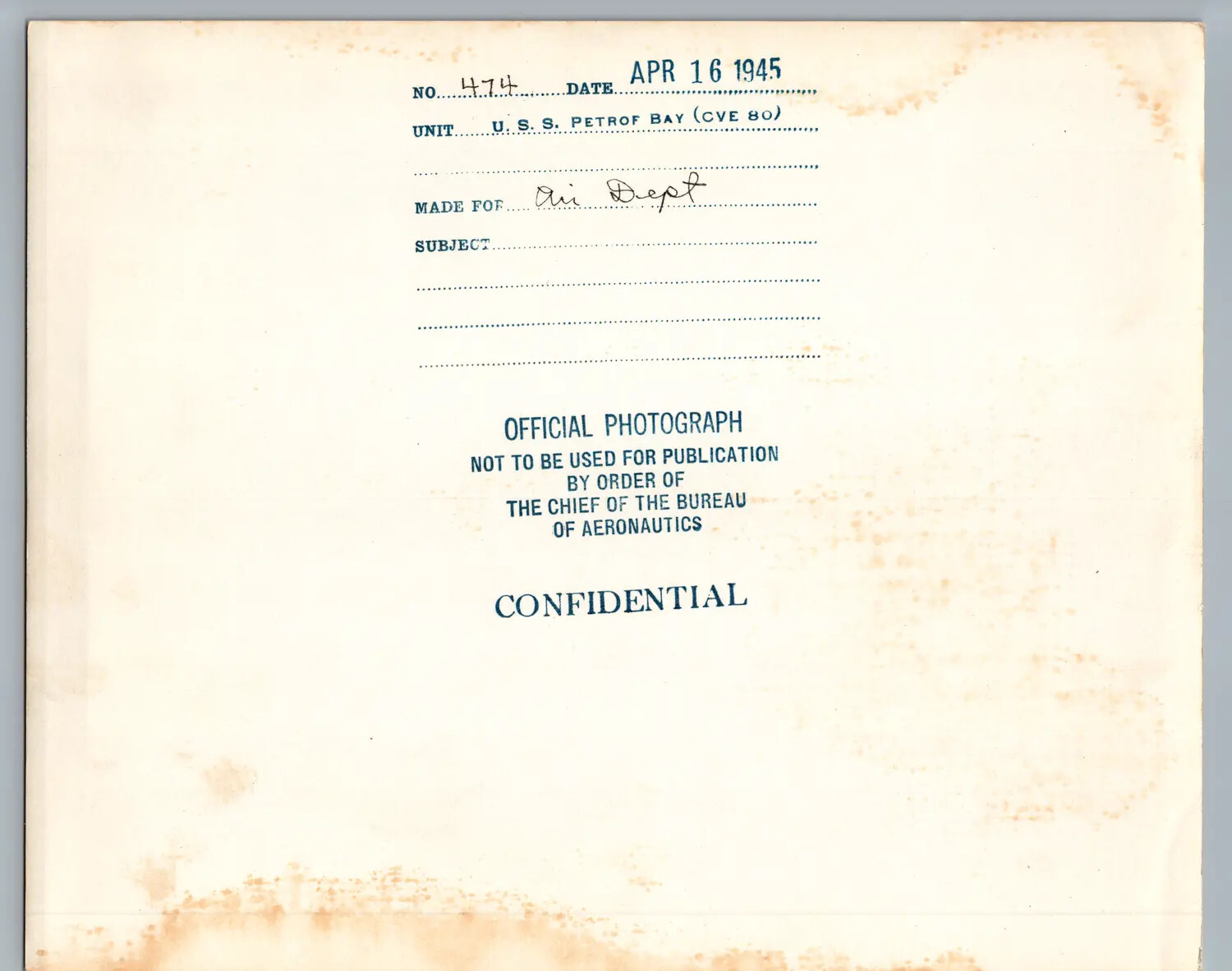 Verso Caption Card, Official U.S. Navy Photograph No. 474, USS Petrof Bay (CVE-80), 16 April 1945