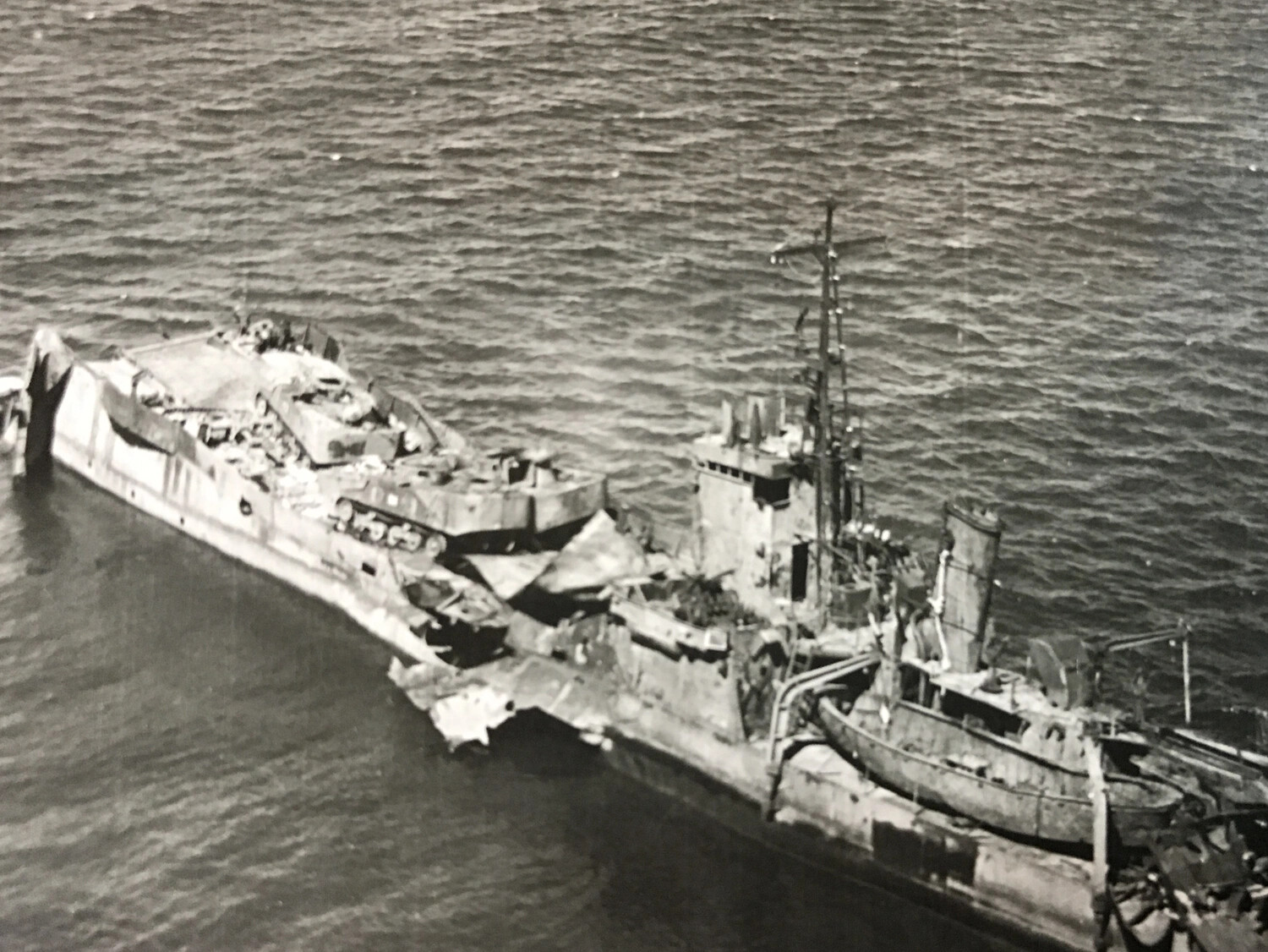 Close Aerial Detail of Bomb-Damaged Japanese Vessel