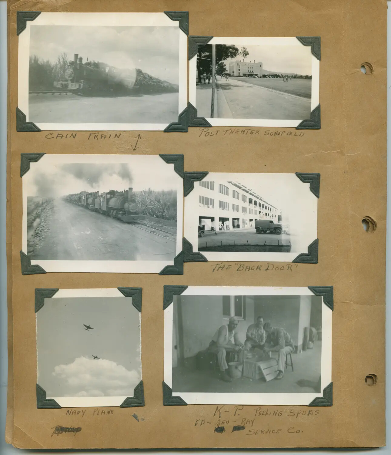 Photo Album Page: Schofield Barracks Scenes and Sugar Cane Trains, Hawaii, WWII Era