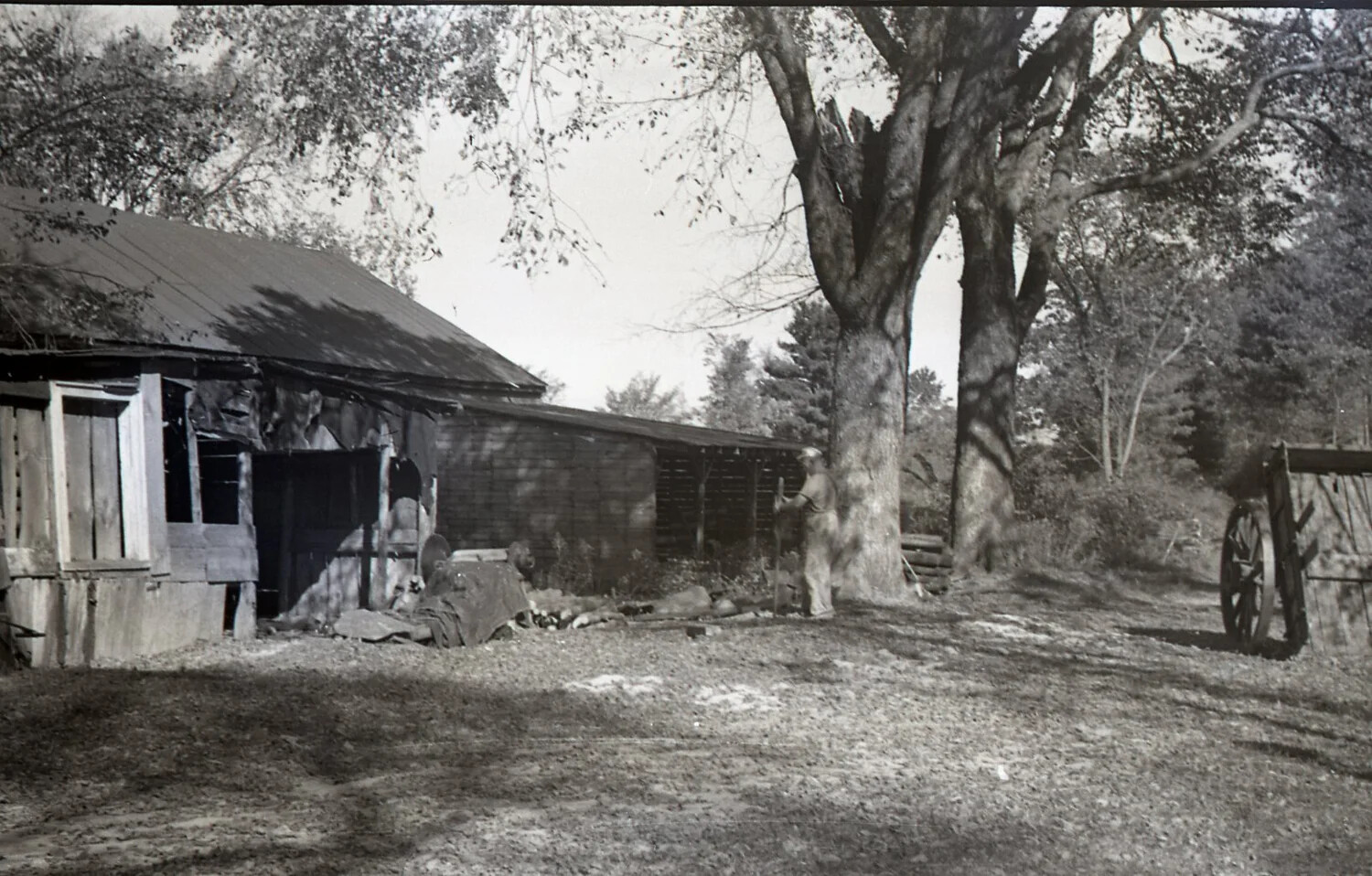 Rural Barnyard with Farmhand and Wagon Wheel, Stateside, WWII Era