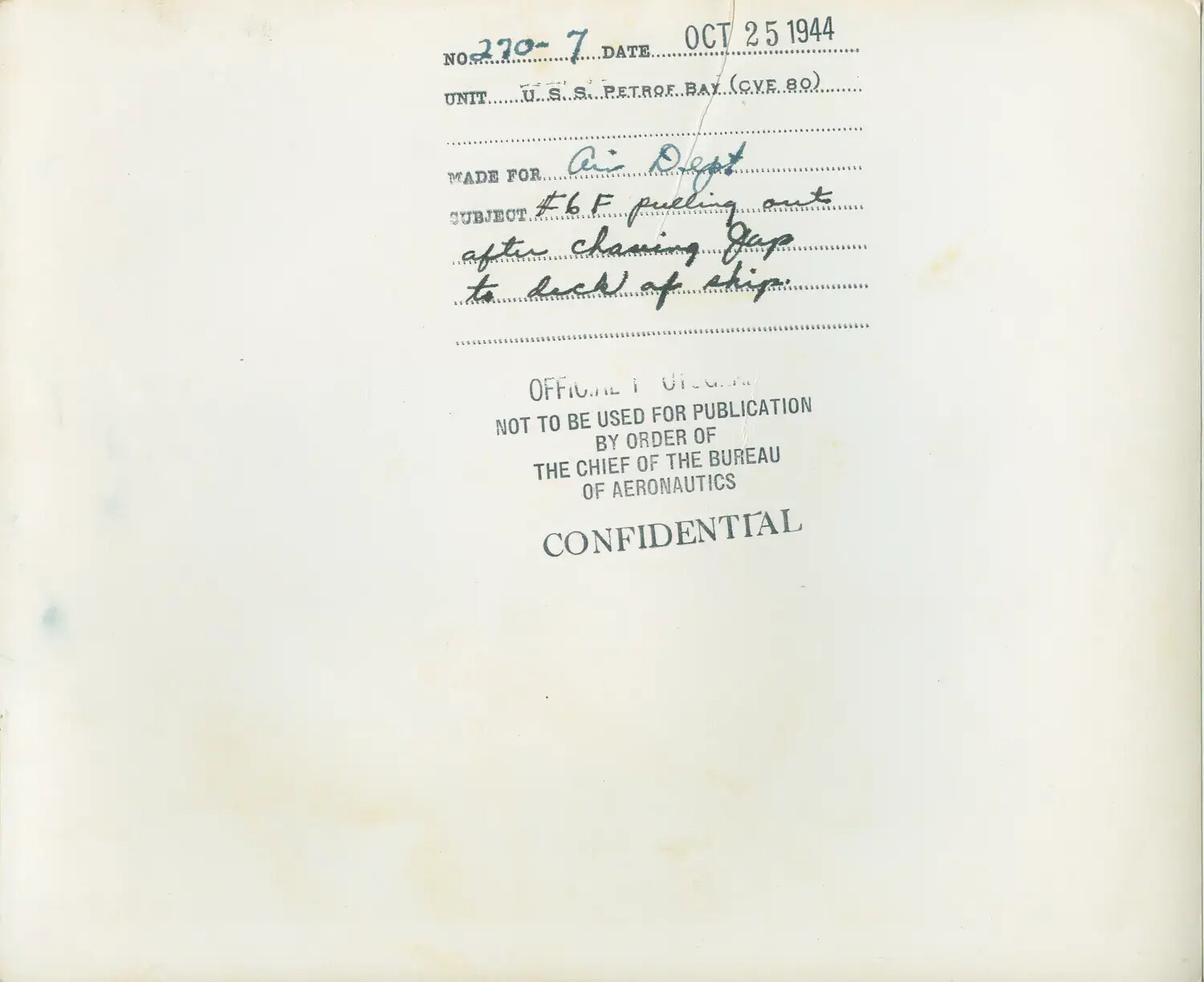 Official U.S. Navy Photo Caption Card (Verso), USS Petrof Bay (CVE-80), 'F6F Pulling Out After Chasing Jap to Deck of Ship,' 25 October 1944
