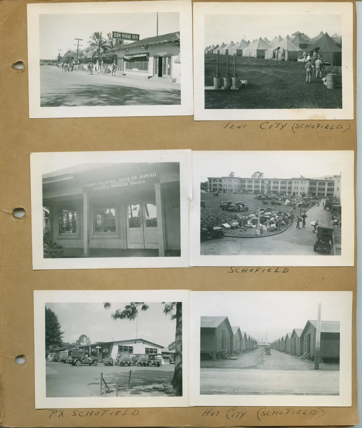Schofield Barracks Album Page: Tent City, Hut City, PX, Bank Branch, and Barracks Quadrangle, Oahu, Hawaii