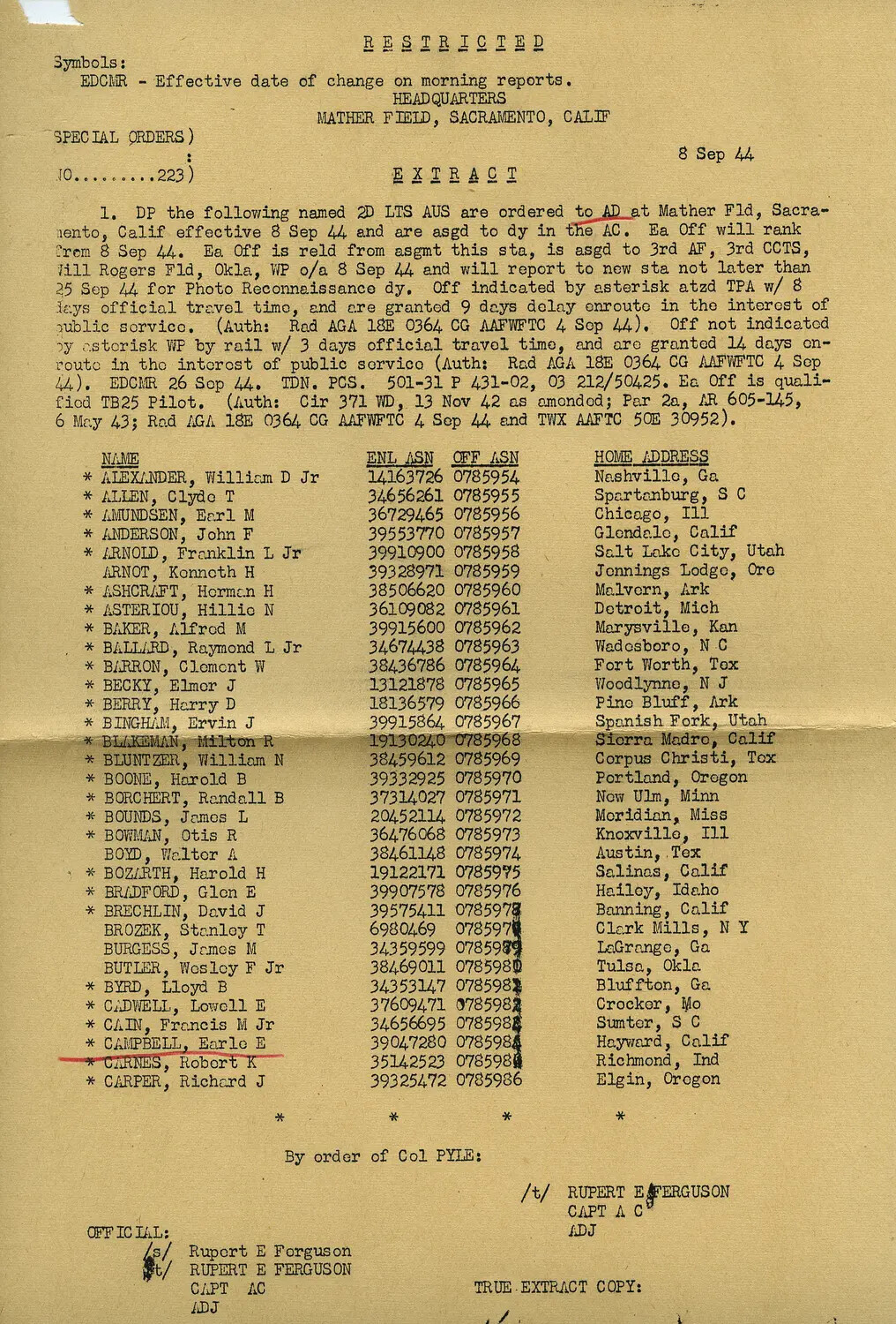 Special Orders No. 223, Headquarters Mather Field, Sacramento, California, 8 September 1944 — Assignment of TB-25 Pilots to Photo Reconnaissance Training