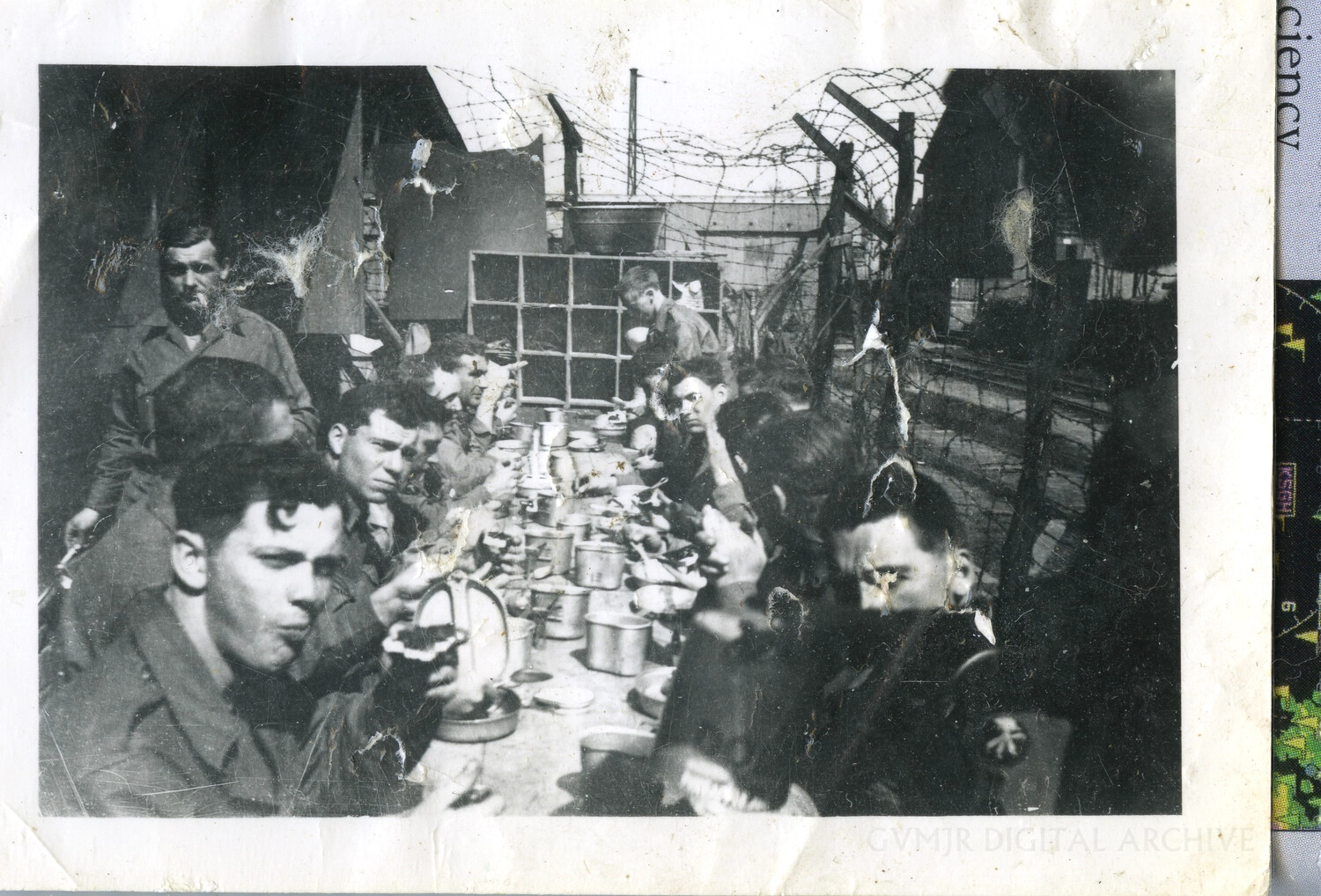 101st Airborne Troopers Sharing a Field Meal Beside a Barbed-Wire Enclosure, European Theater, 1944-1945