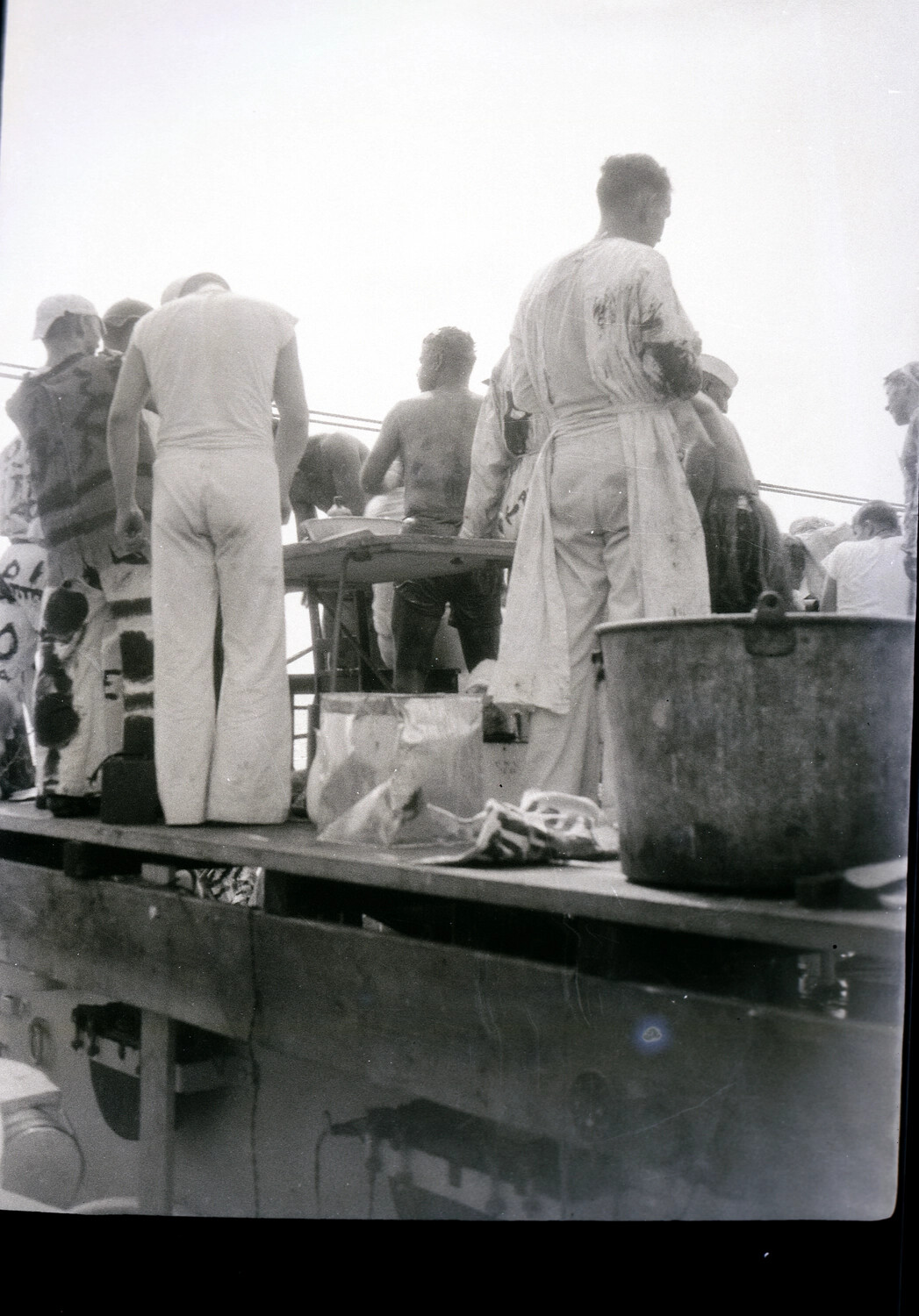 US Navy Sailors Performing Deck Chores Aboard Ship, China Station Era