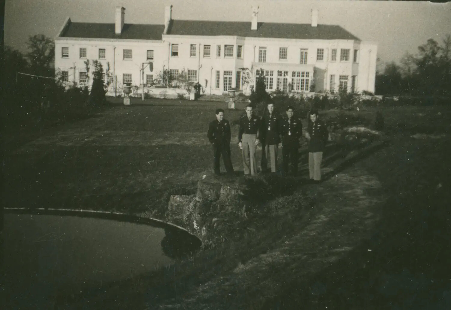 USAAF Airmen at Rocky Pond with English Manor House in Background, WWII