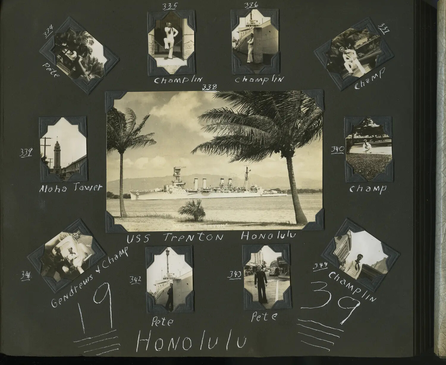Album Page: 'USS Trenton, Honolulu' - Shipmate Portraits Arranged Around Ship Photograph, 1939