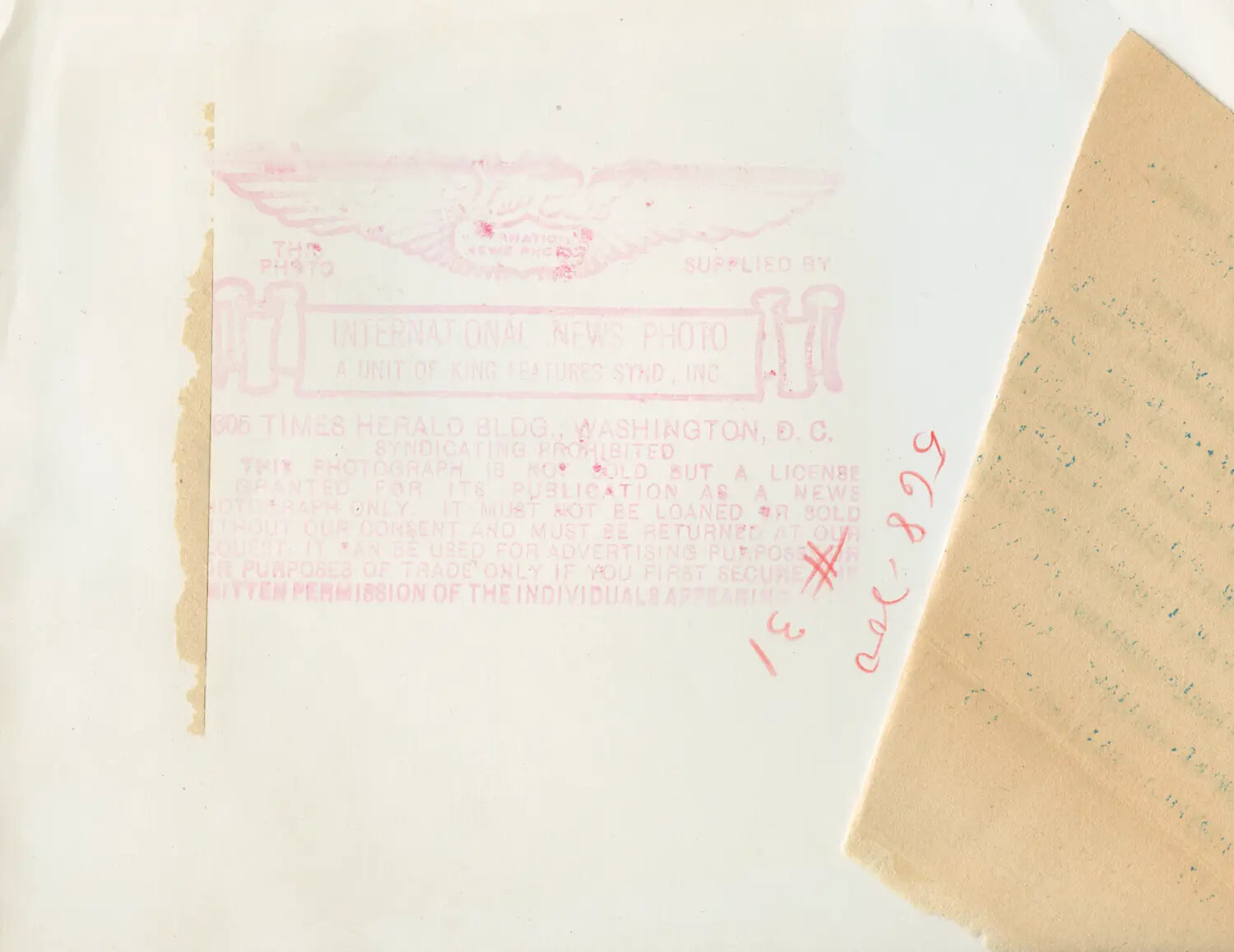 Verso of Press Photograph with International News Photo (INP) Rights Stamp and Handwritten Archive Notation