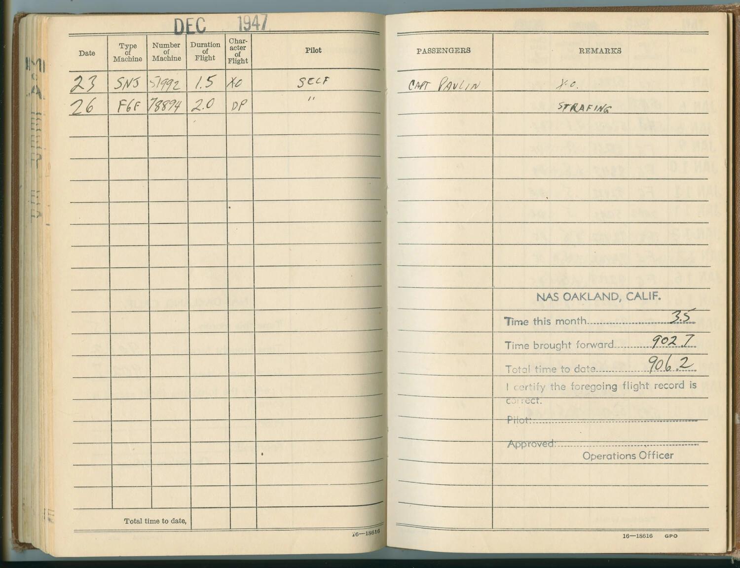 Naval Aviator's Flight Log Book, December 1947, NAS Oakland, California