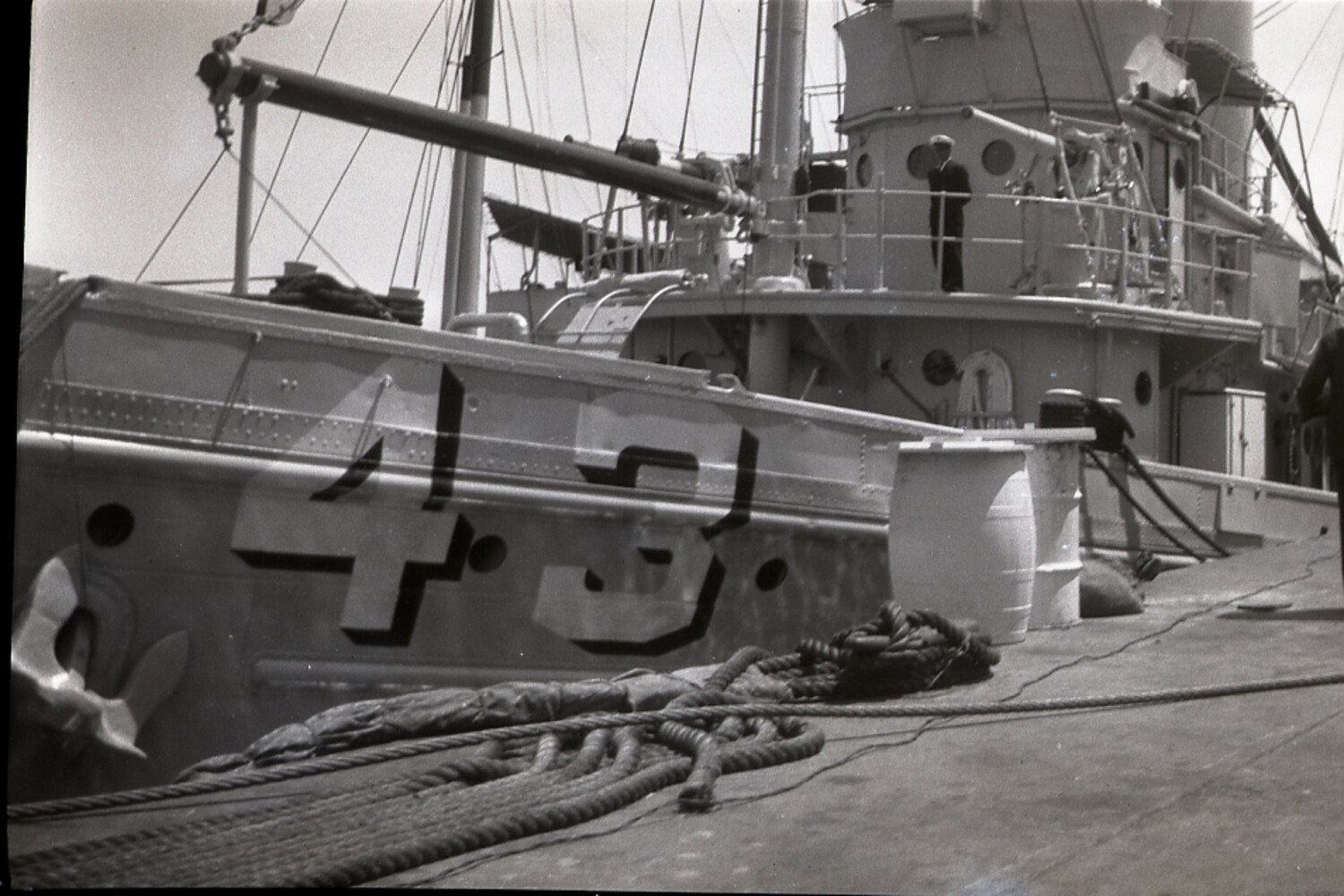 Bow of U.S. Navy Vessel with Sailor on Bridge Wing, China Station, 1930s