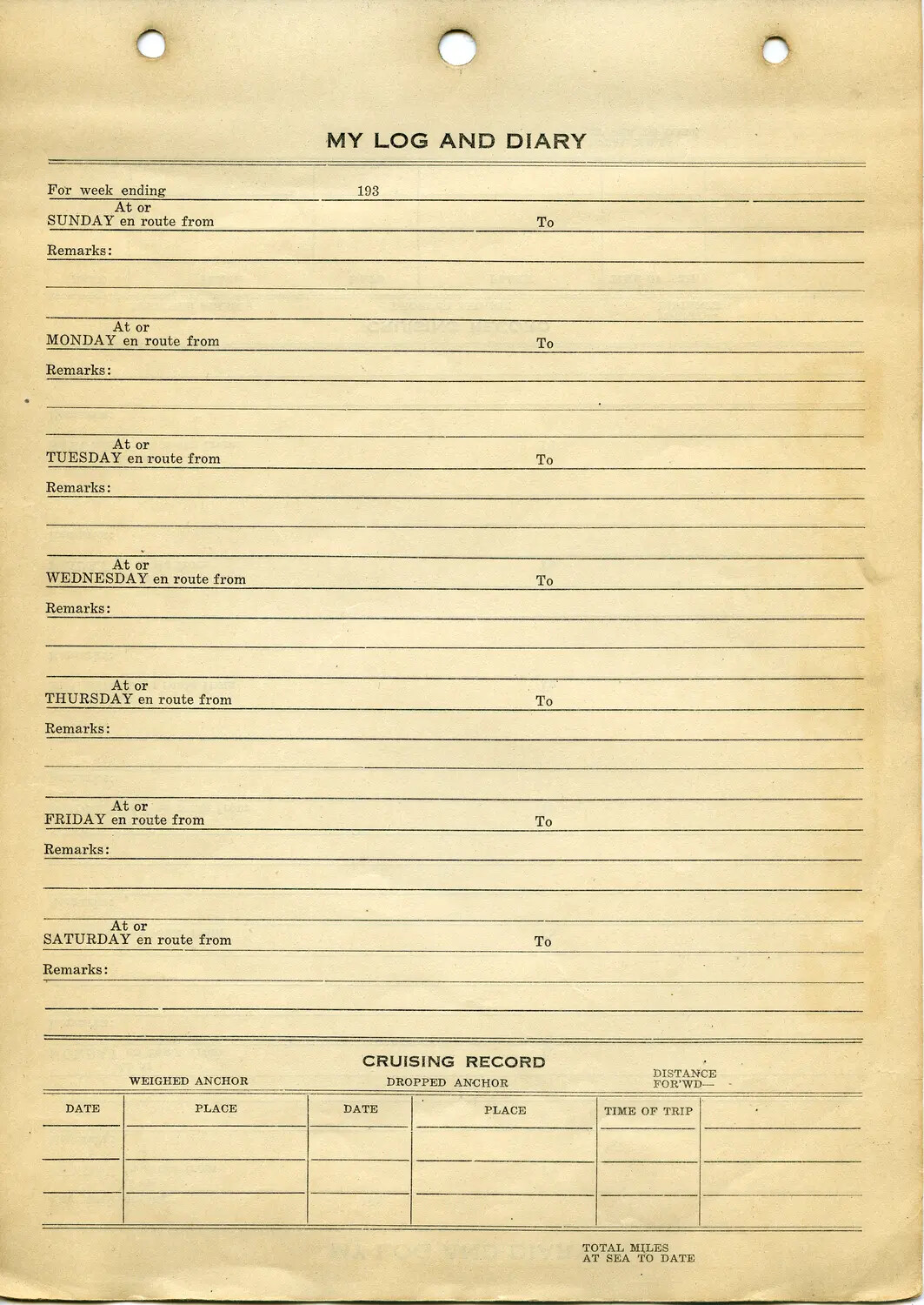 Blank 'My Log and Diary' Page from a 1930s Sailor's Personal Album, USS Maryland Collection