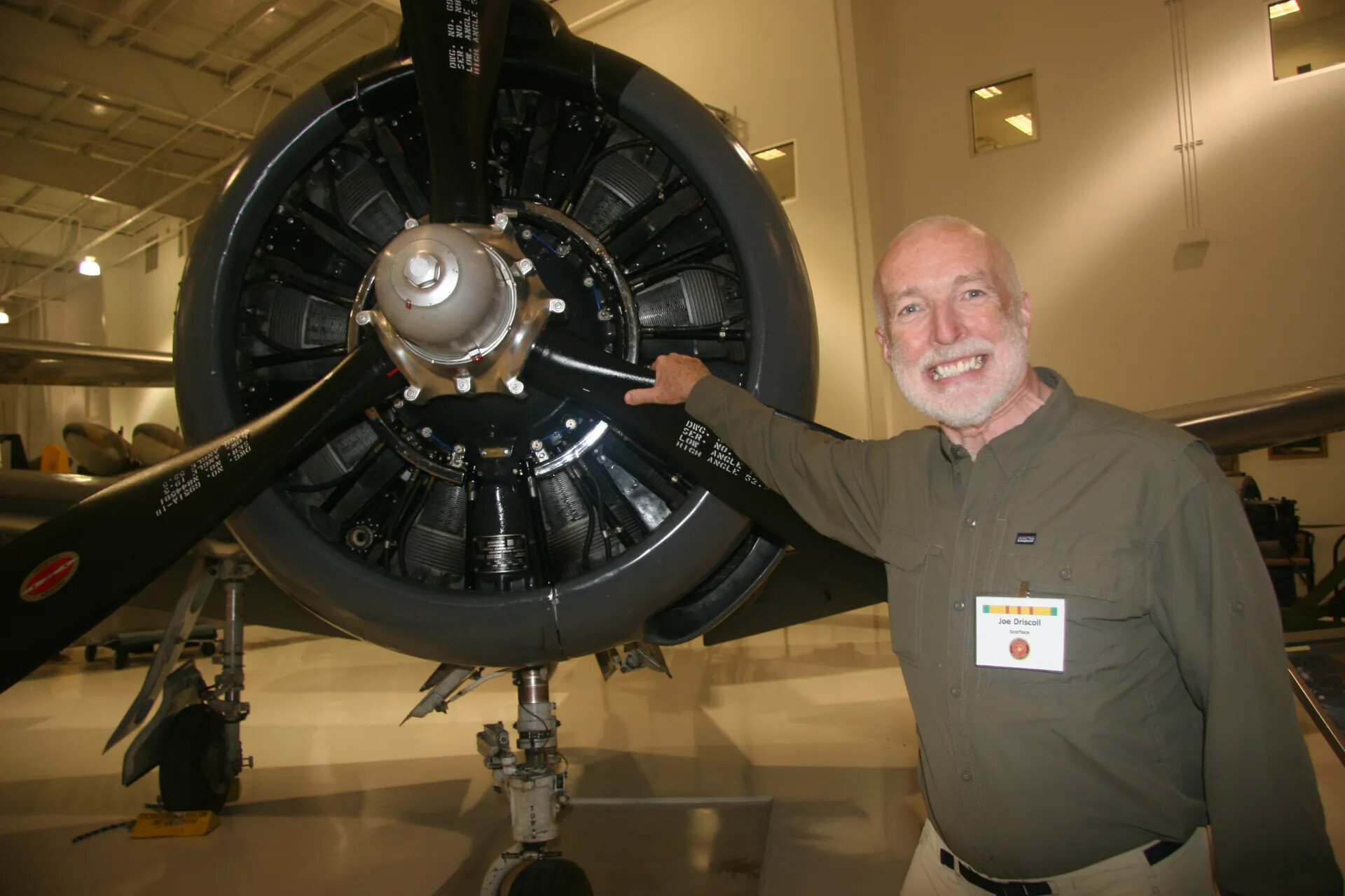 Vietnam Veteran Joe Driscoll ('Scarface') Beside Radial Engine Propeller, Aviation Museum